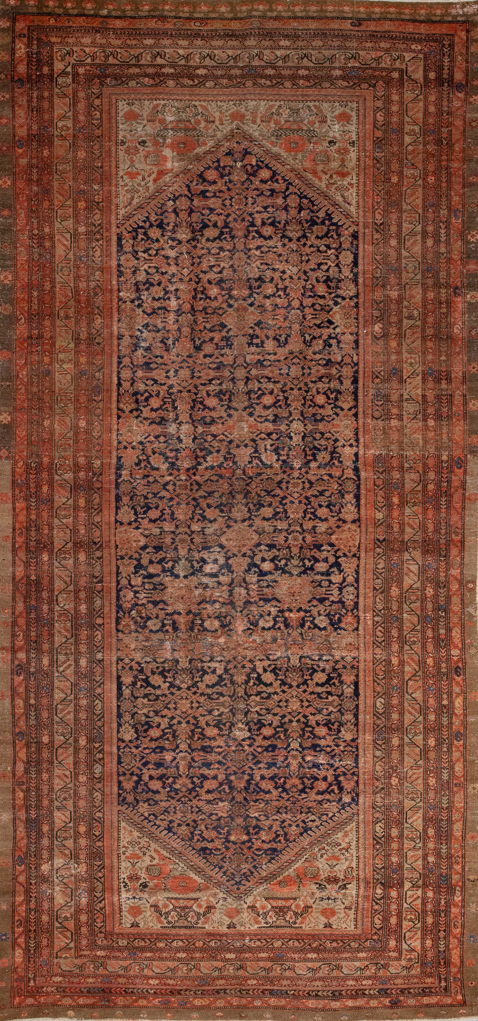 This carpet comes in runner size with multiple borders and a centered design which was woven over a distressed blue background. Also, this rug has the antique style and a traditional flower's pattern.