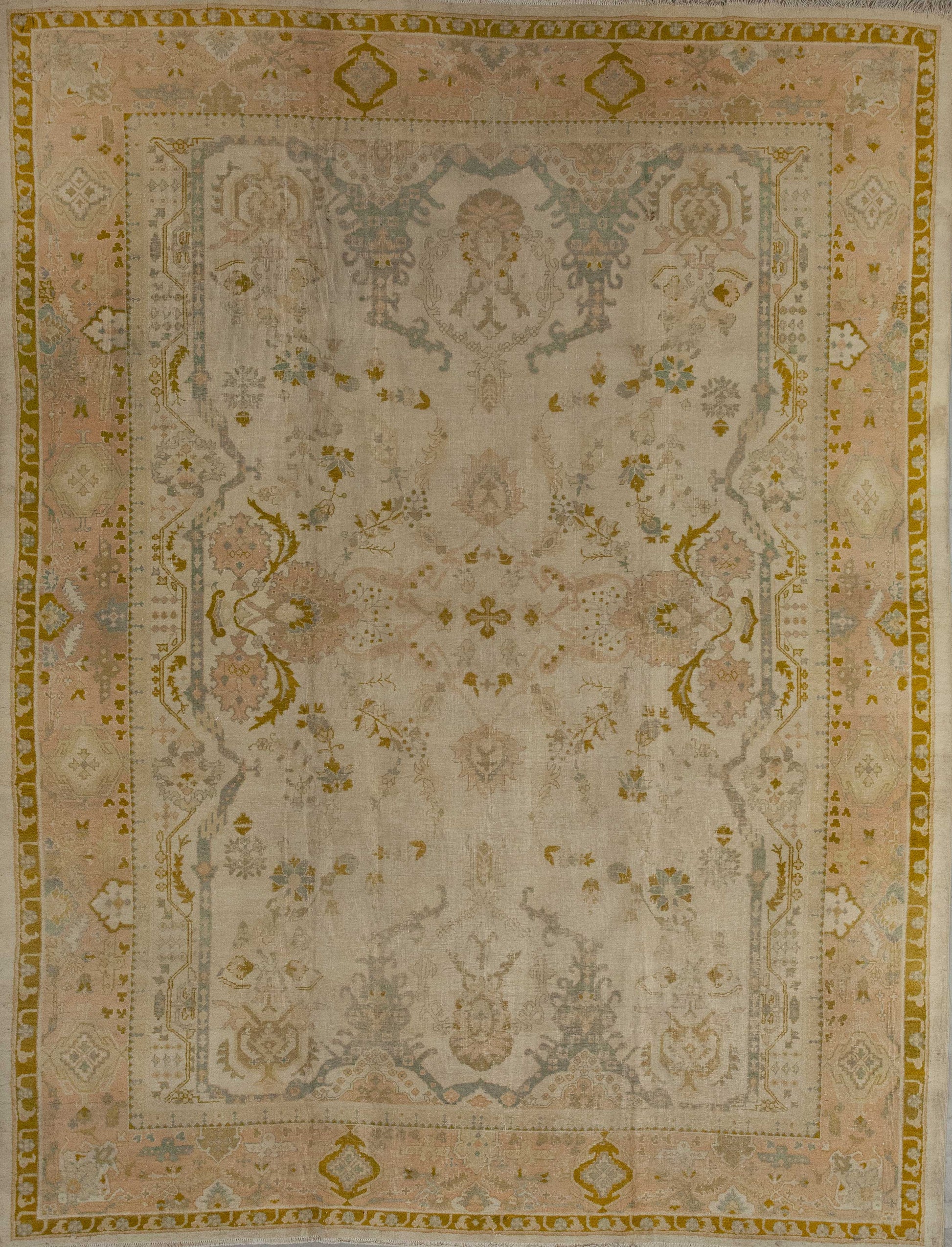 Old-fashioned carpet was woven within the yellow tones. Also, the color scheme has light tones of beige, pink, and gray.
