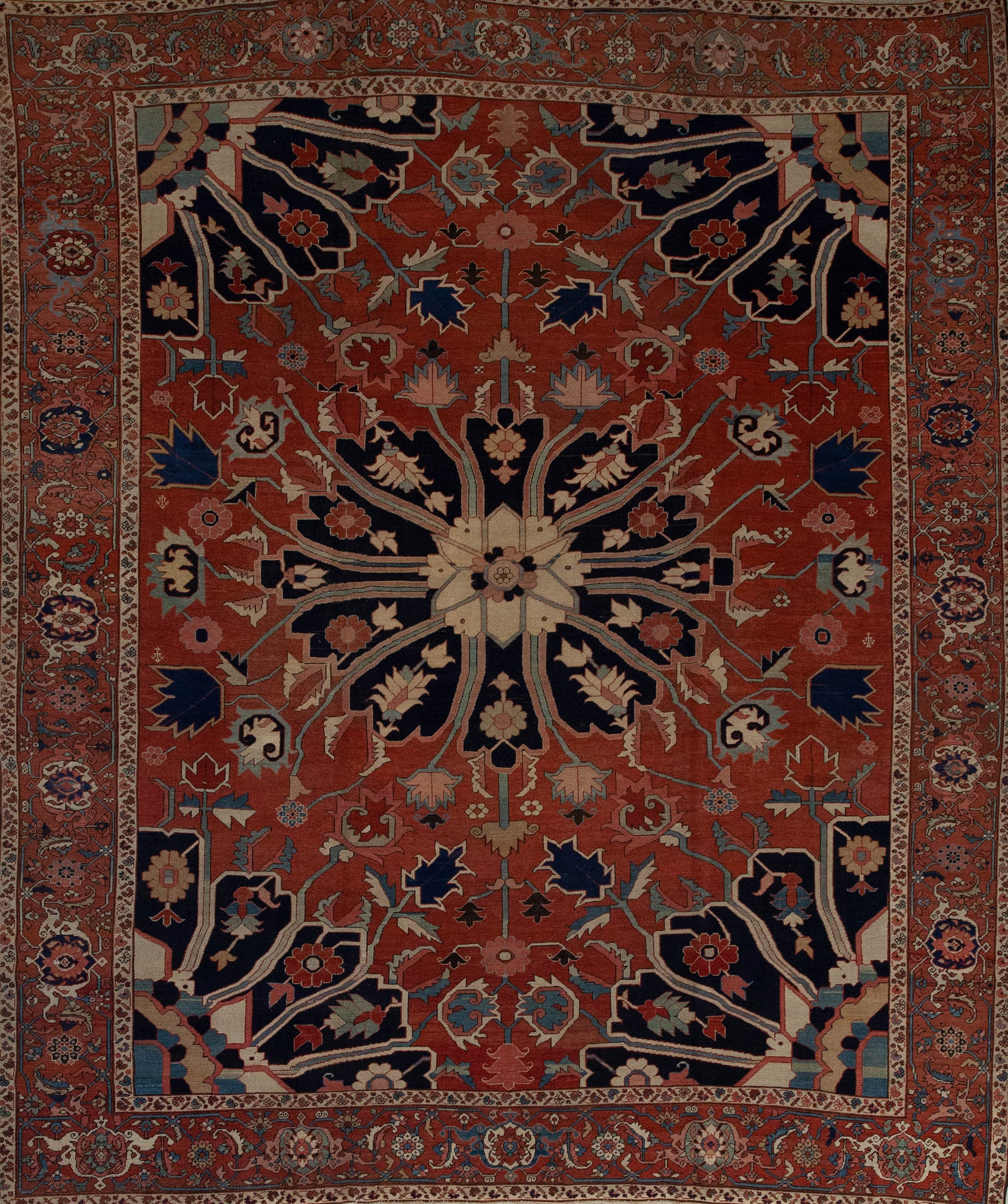 This ancient carpet comes with an adventurous orange vibe as the background. The color palette has black for the large petals of the largest flowers, and highlights of beige, blue, red, and brown.