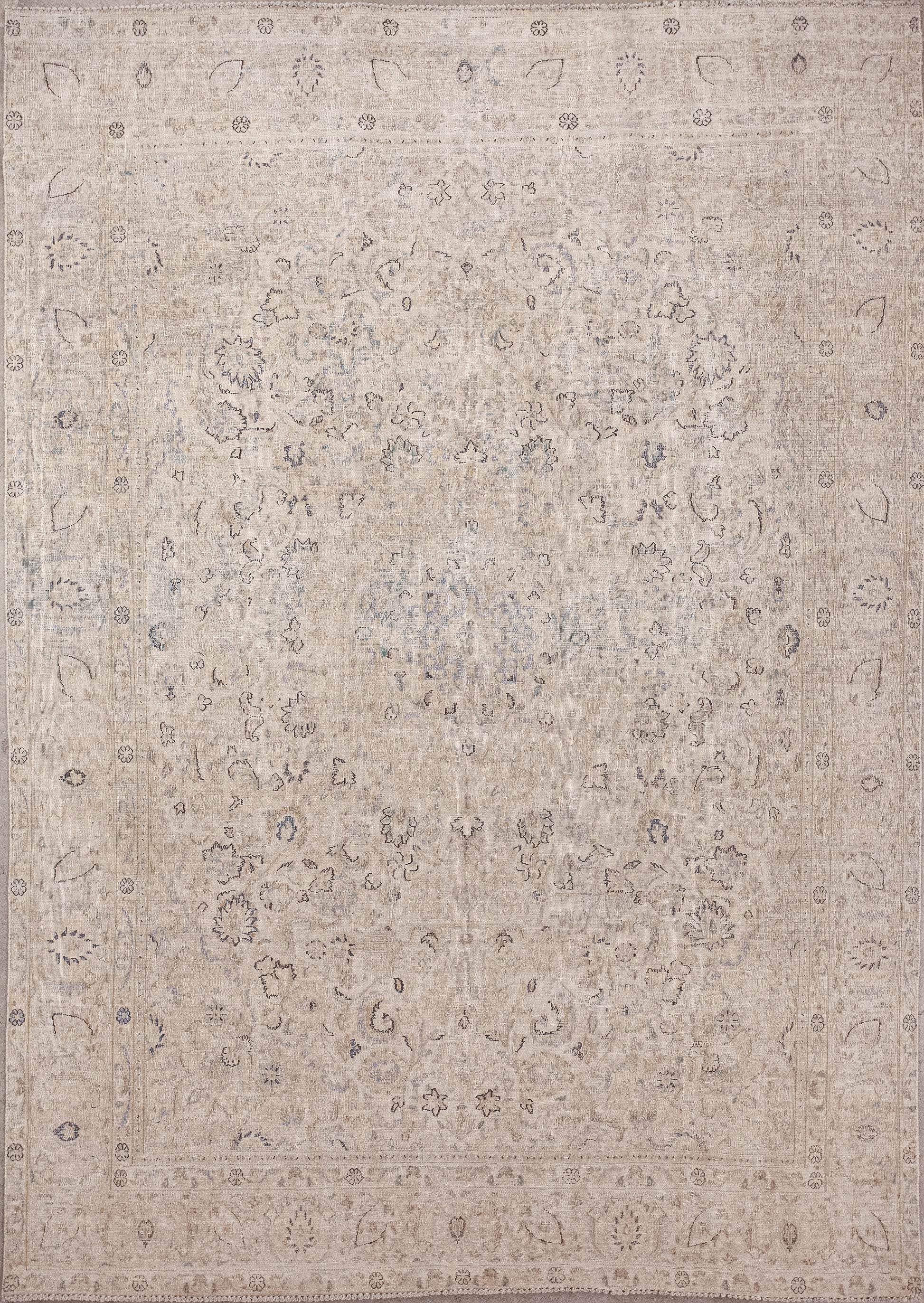This soft rug was woven to evoke clean and organized emotions. The simple color scheme has mostly beige plus accents in blue, brown, and black.