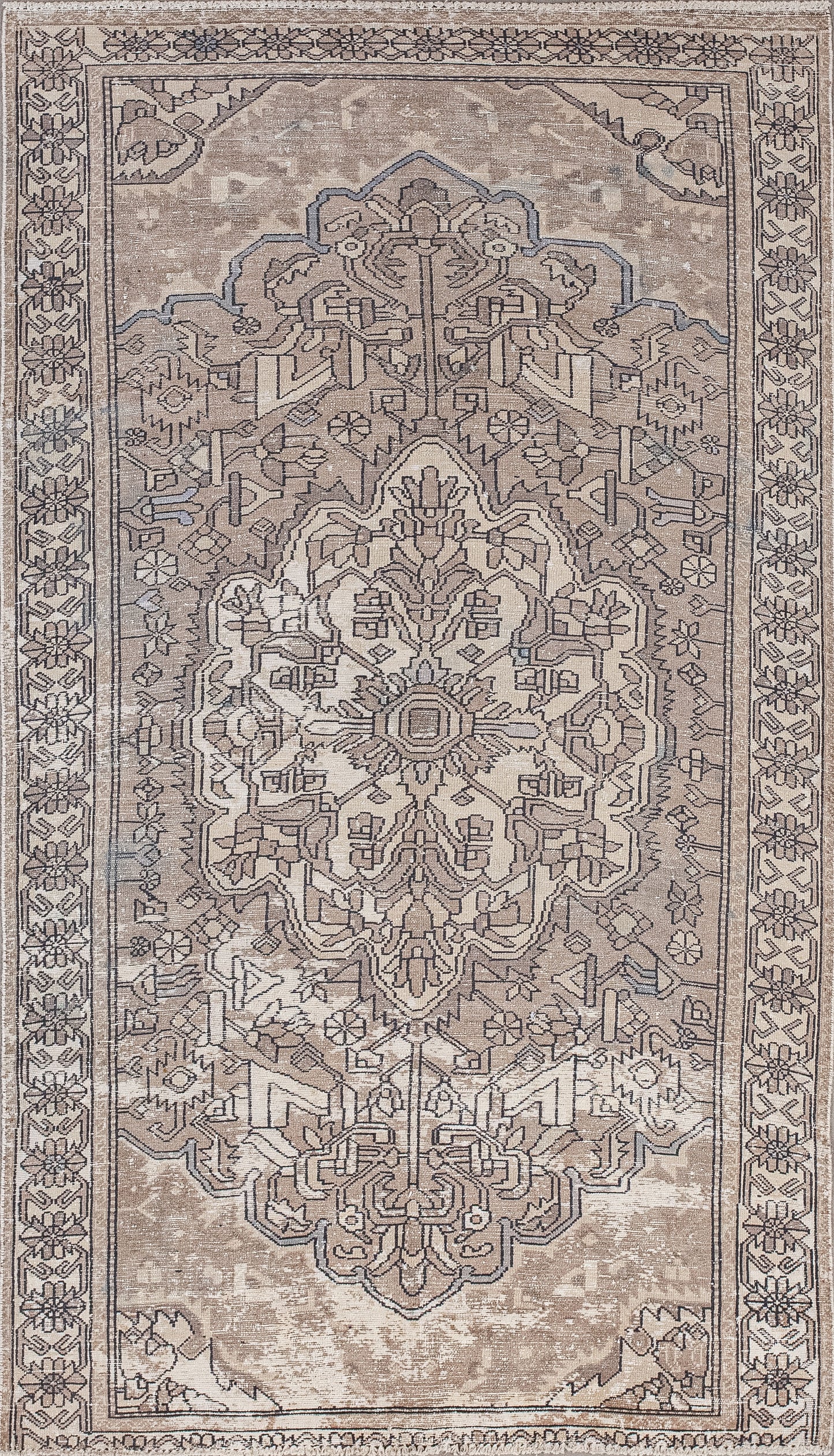 This practical rug comes with a sharp design. The color palette has brown for the background, beige for the pattern, and gray highlights.
