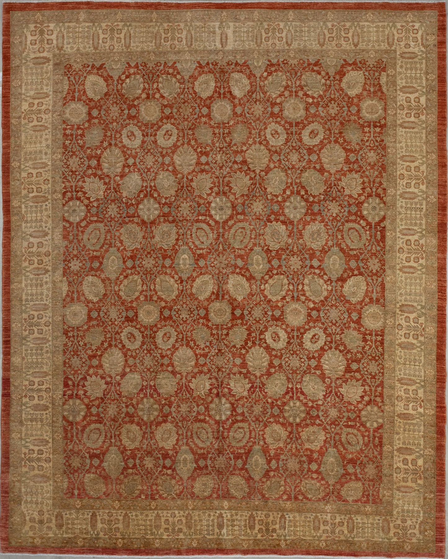 First-rate carpet knitted with the powerful and passionate red background.