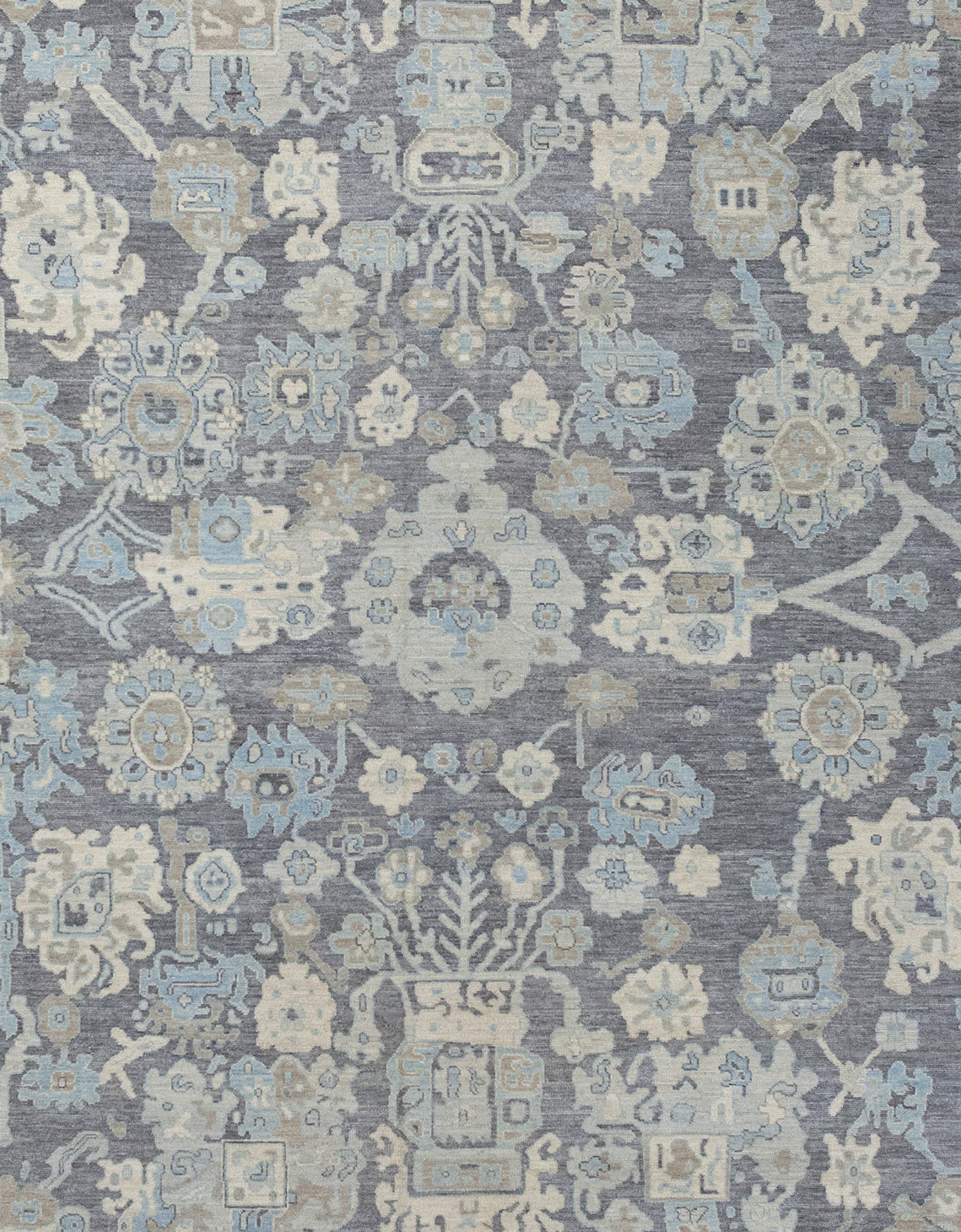 The borders display small flowers and branches symmetrically. The thick frame has abstract pines, corals, and random shapes. The center's close up has a corals composition rendering symmetrically.