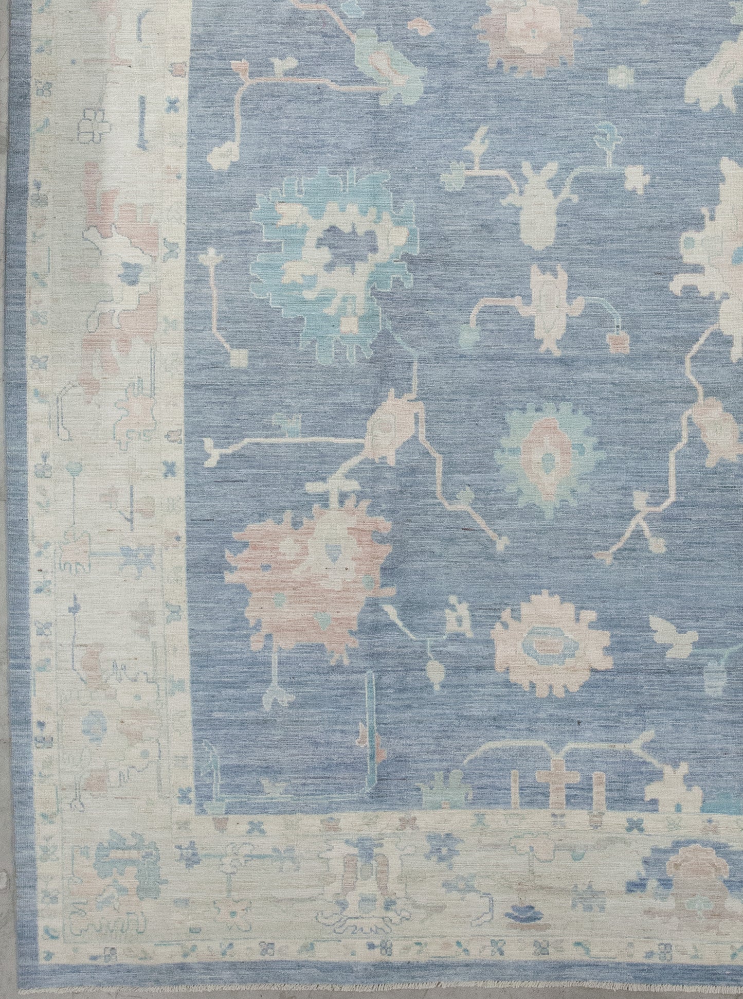 The rug's contour has two thin borders which hold a thick frame in the center.