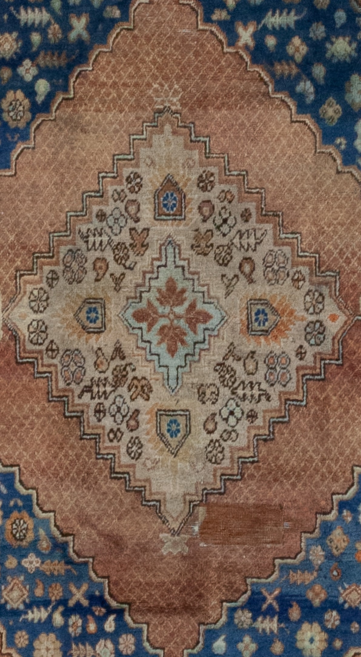 The center of the carpet displays a closer look of the nested diamonds and their pattern which are abstract small flowers and leaves organized symmetrically.