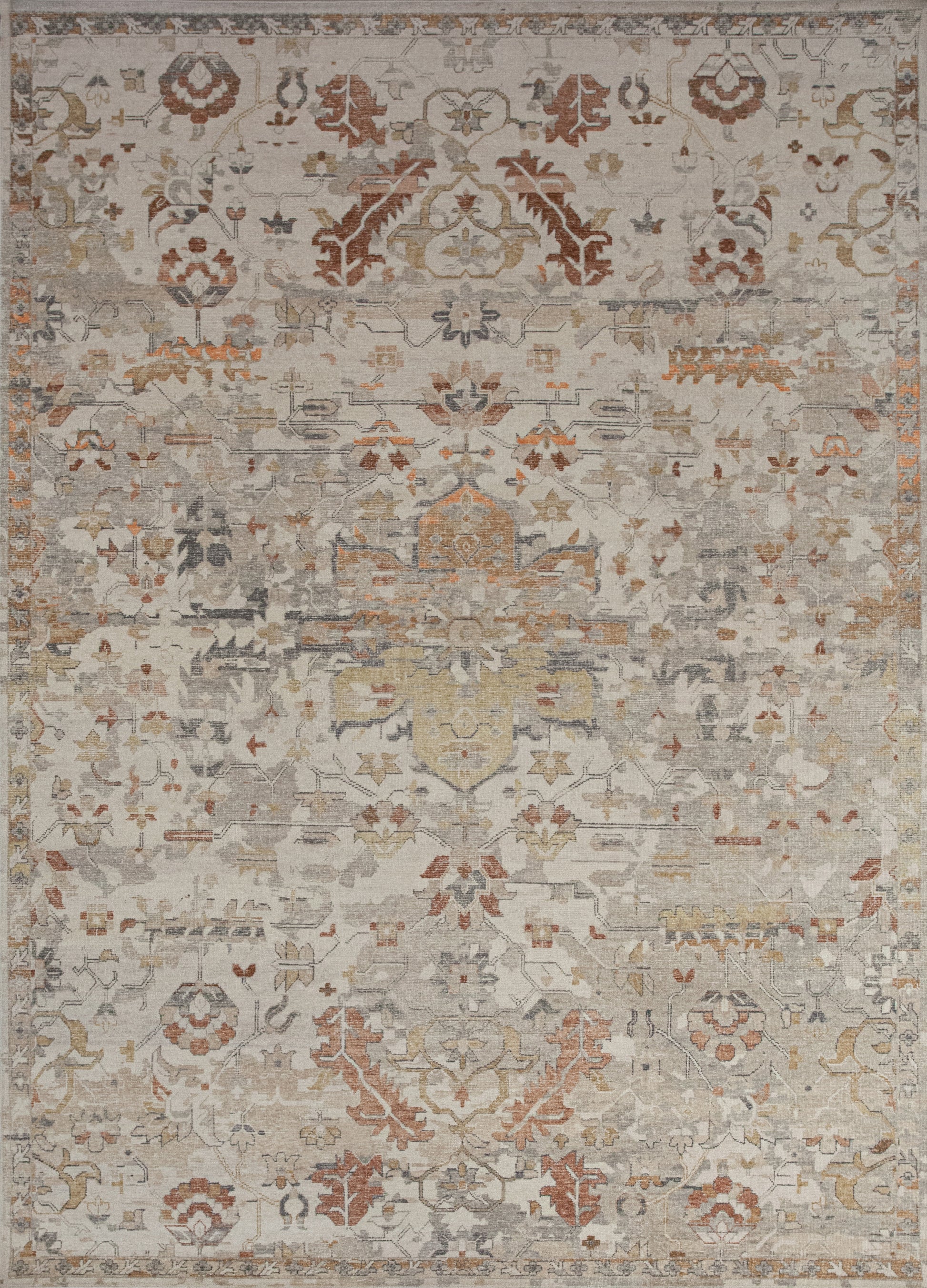 Impressive carpet knitted with the Autumn season's inspiration and beige background. The symmetrical design renders turning leaves, california black oak leaves, and thin branches.