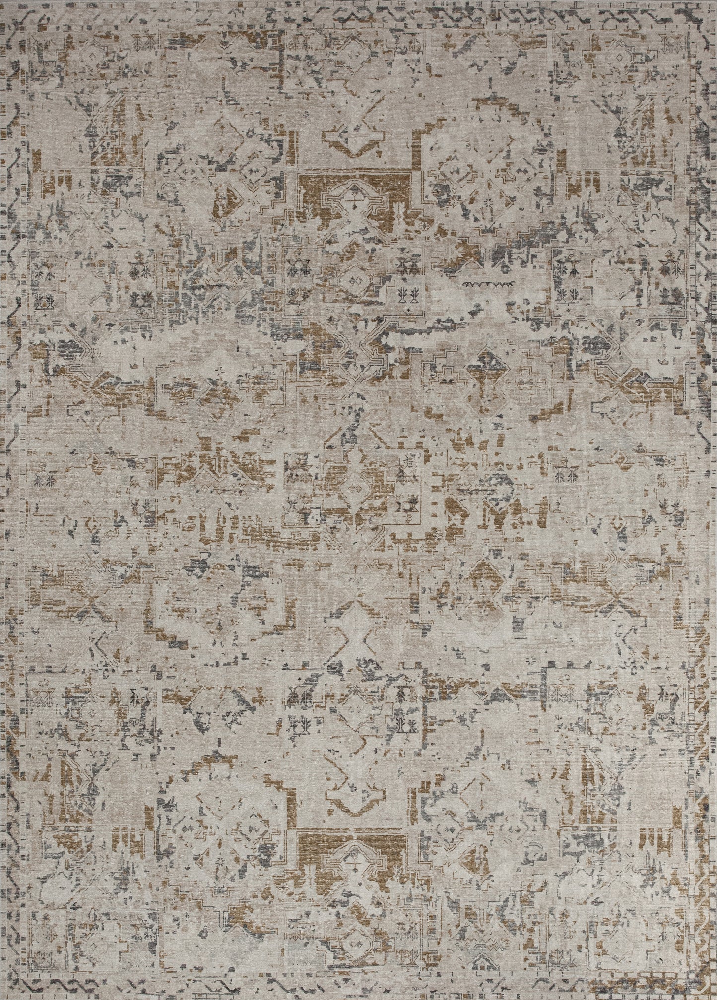 Vintage rug comes with a mellow color scheme which has brown and gray accents over a beige dominant color as a background. 