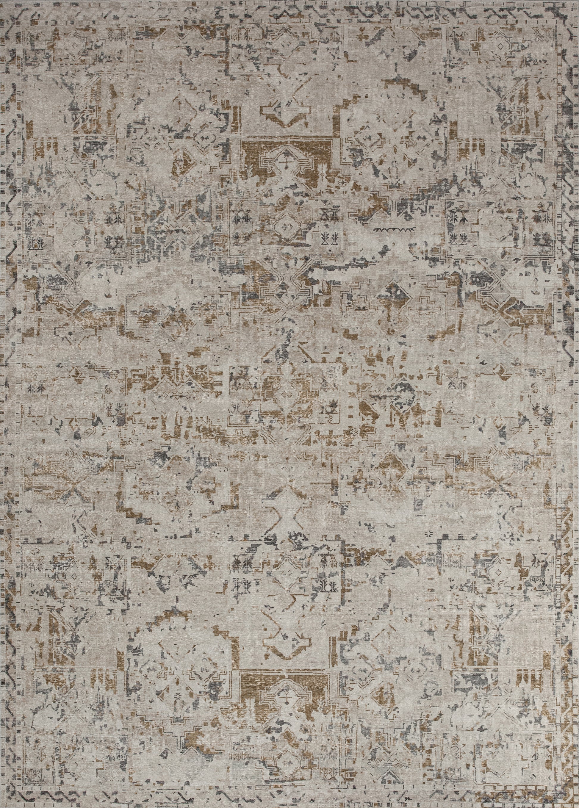 Vintage rug comes with a mellow color scheme which has brown and gray accents over a beige dominant color as a background.