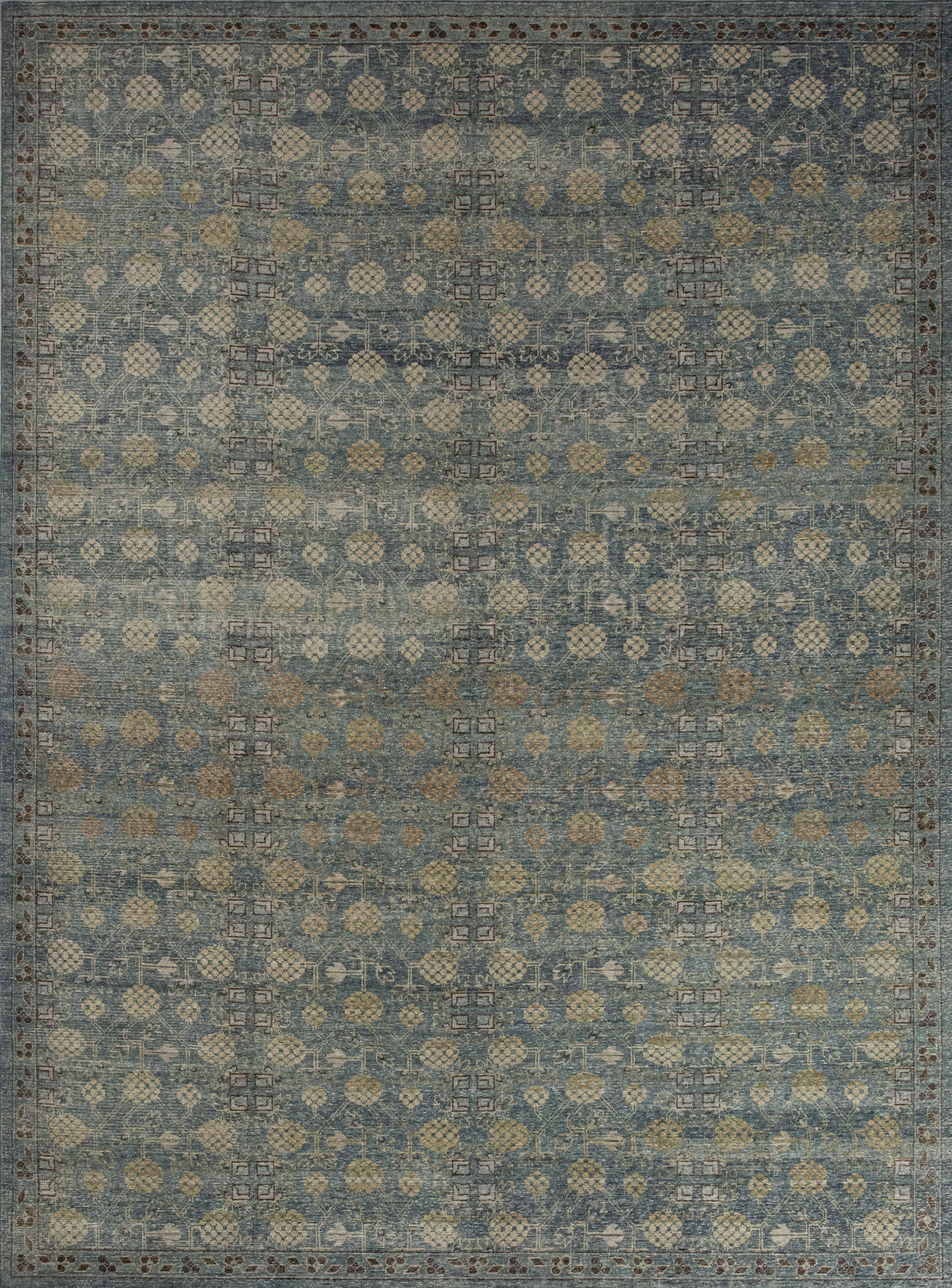 Delightful carpet comes with the inspiration from the nature. The color theme has green background, beige, brown, and honey.