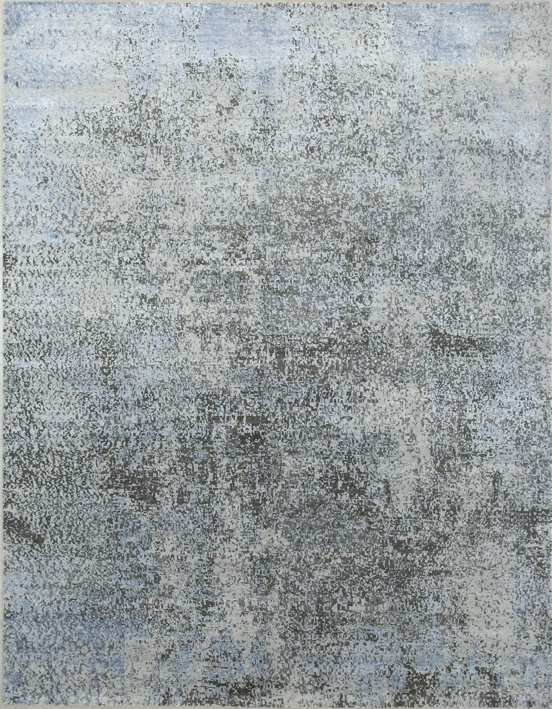 Modern rug comes with splash pattern. The color scheme renders light blue, beige, and black.