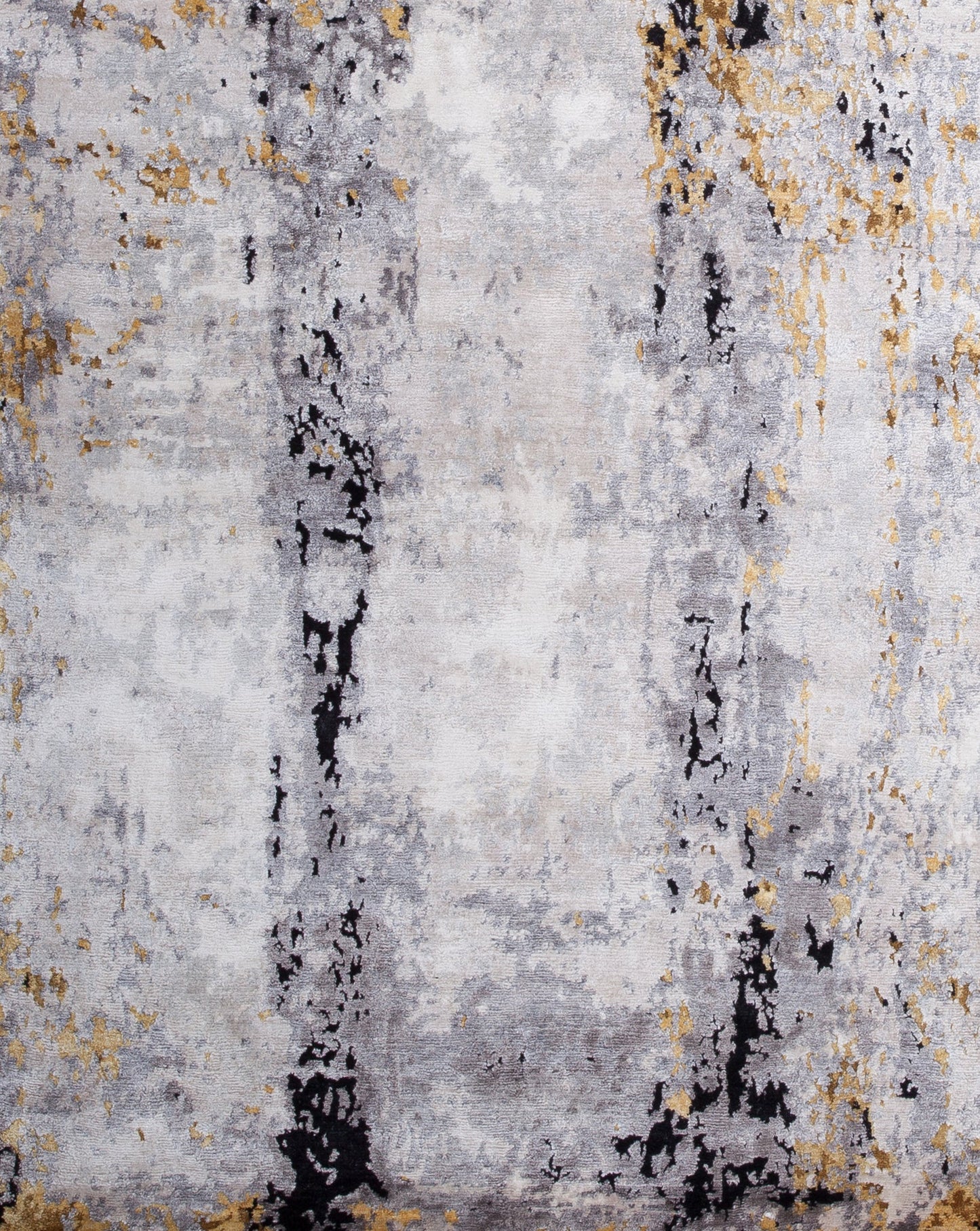 the center of the rug displays three sections divided by two dusty columns in dark gray, black, and yellow.
