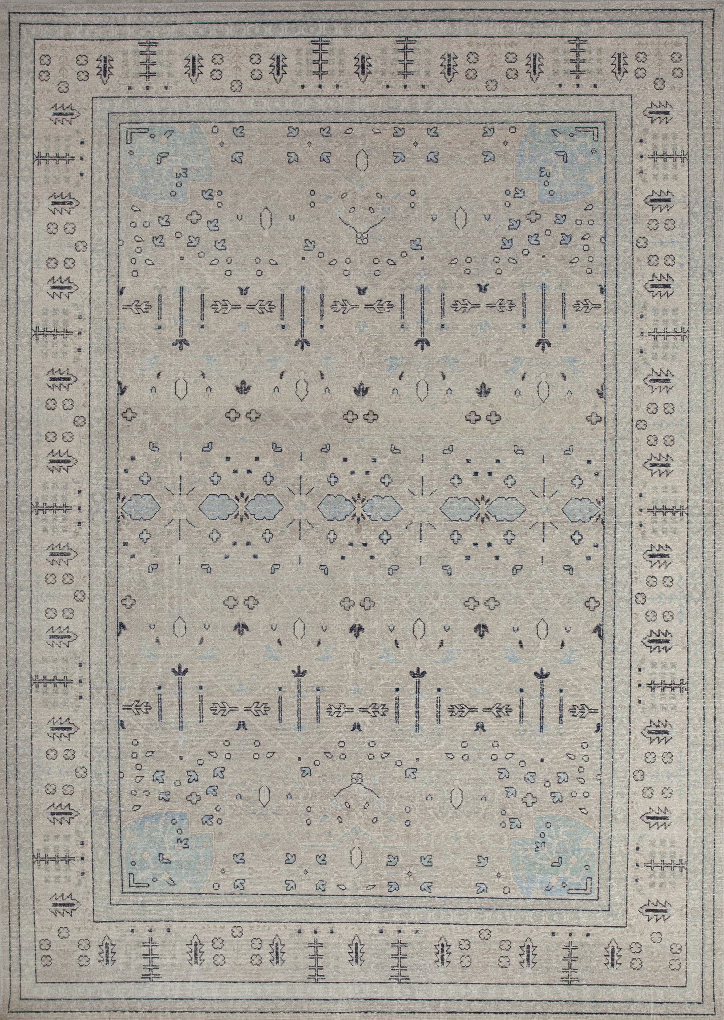 Prime carpet knitted with the vintage style, and it comes with an elegant color scheme which is beige, brown, blue, and black accents. The design renders mini flowers, tiny leaves, and linear branches all of them arranged symmetrically. 