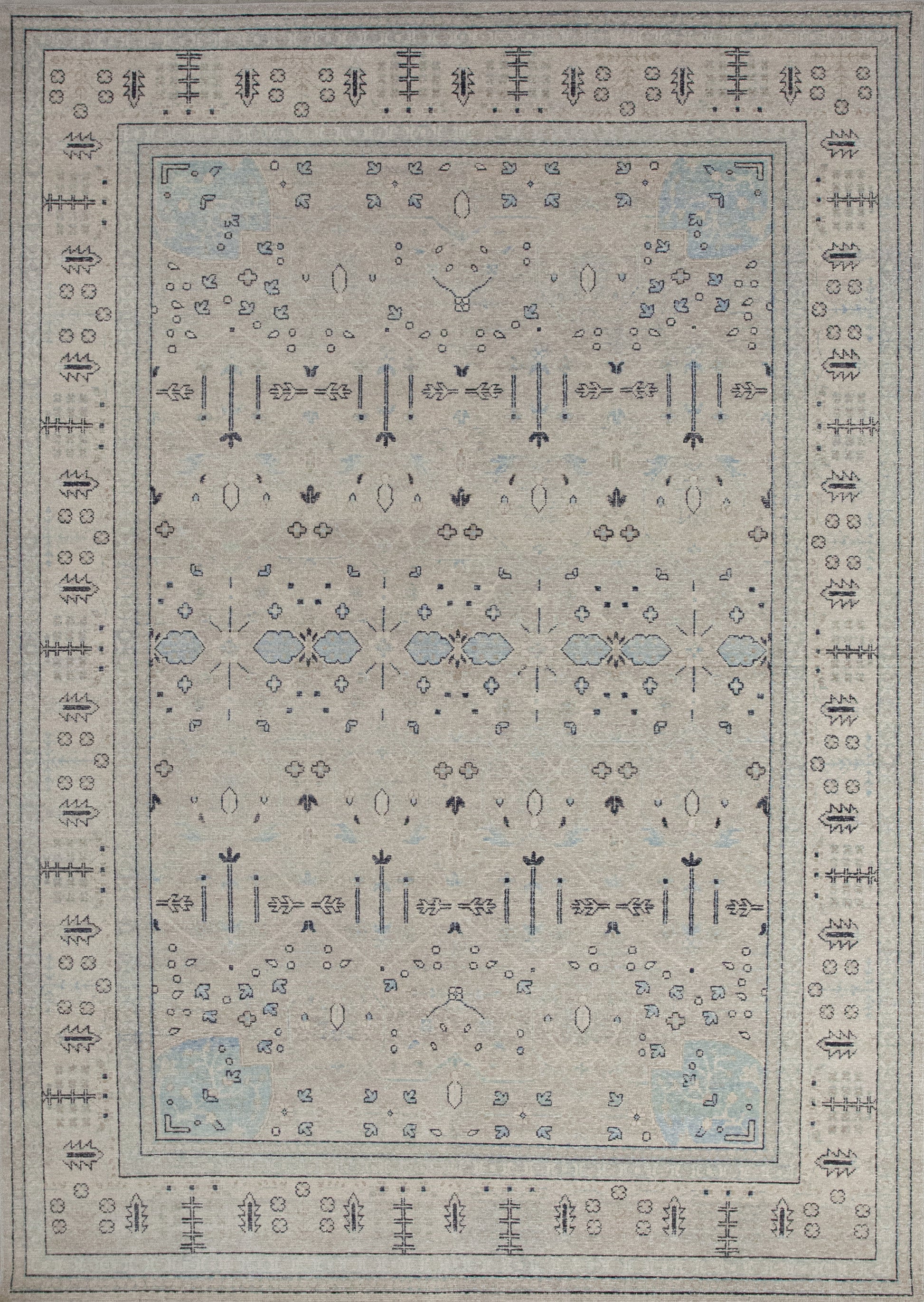 Prime carpet knitted with the vintage style, and it comes with an elegant color scheme which is beige, brown, blue, and black accents. The design renders mini flowers, tiny leaves, and linear branches all of them arranged symmetrically.