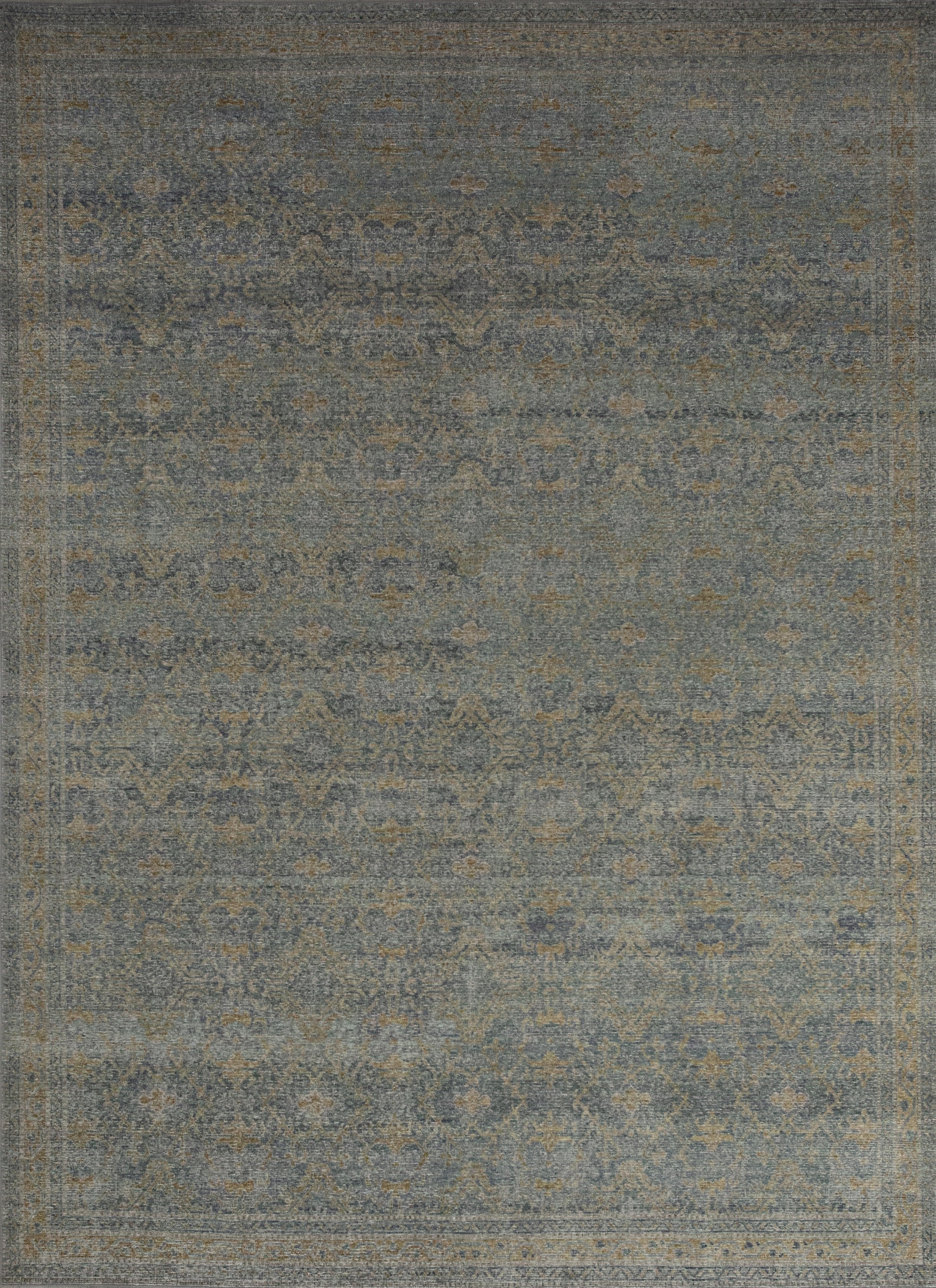 Vintage rug comes with gray background and a yellow ornament pattern on top.