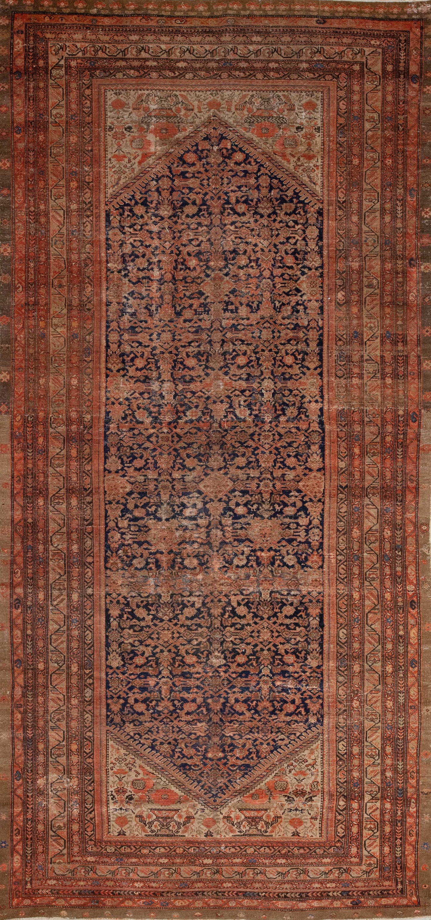 This carpet comes in runner size with multiple borders and a centered design which was woven over a distressed blue background. Also, this rug has the antique style and a traditional flower's pattern. 