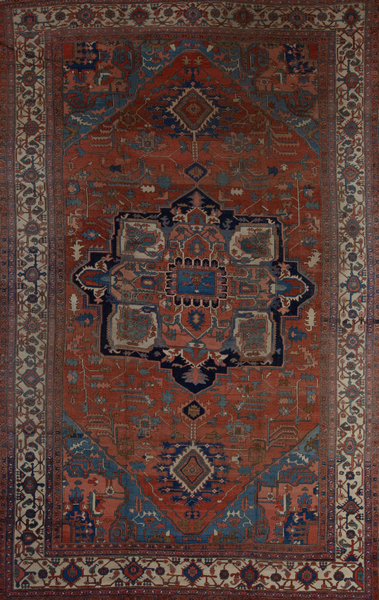 Antique carpet has a brown background which is the dominant color, and the center features an interesting artwork which creates an eight points star. 