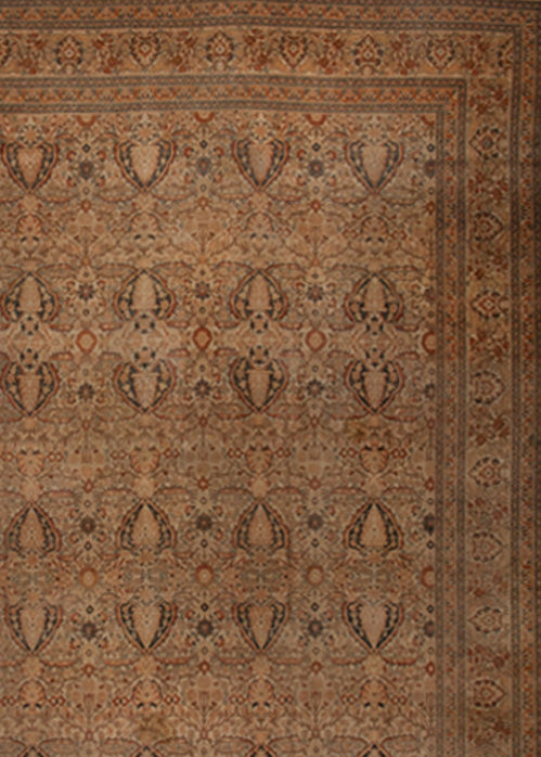 Moreover, the rug's color scheme has variations of brown and beige and it is patterned symmetrically.