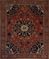 This ancient carpet comes with an adventurous orange vibe as the background. The color palette has black for the large petals of the largest flowers, and highlights of beige, blue, red, and brown. 