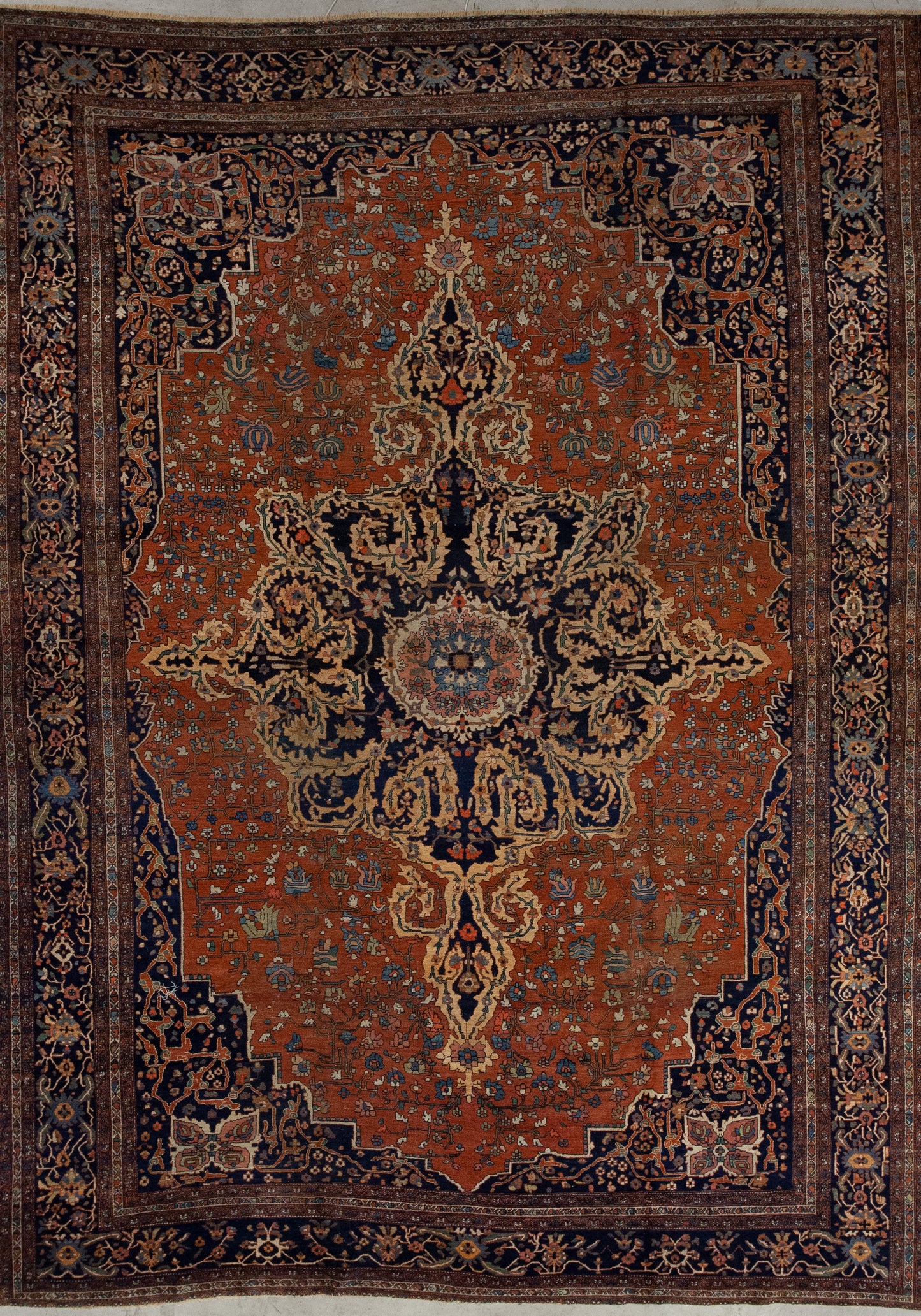 Farahan rug with color scheme comes in burgundy, dark brown, and royal blue.