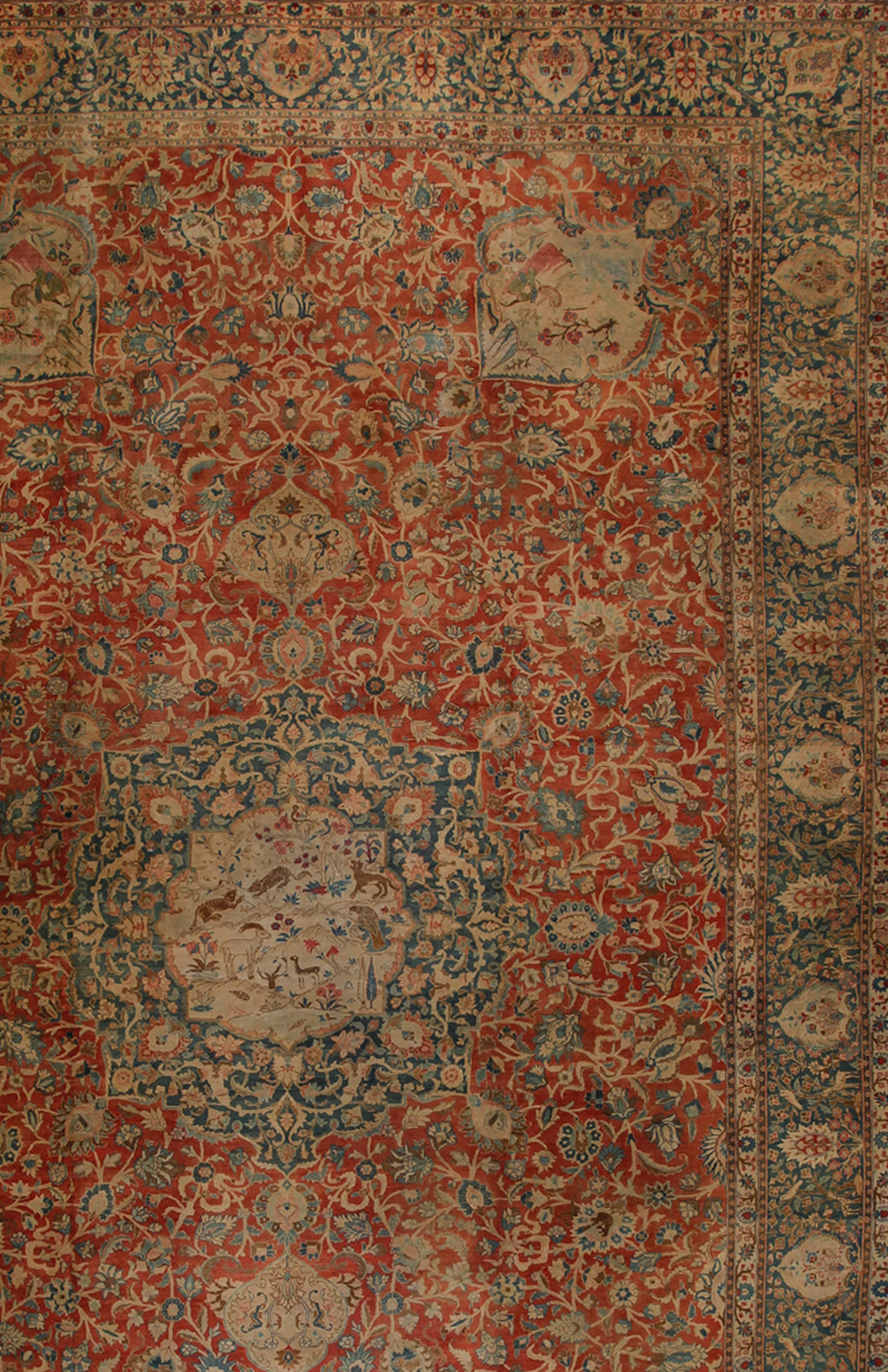Top right corner is the frame of the rug showing climbing plants as pattern.