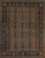 Old fashioned rug with a brown dominant color and dark blue details. 