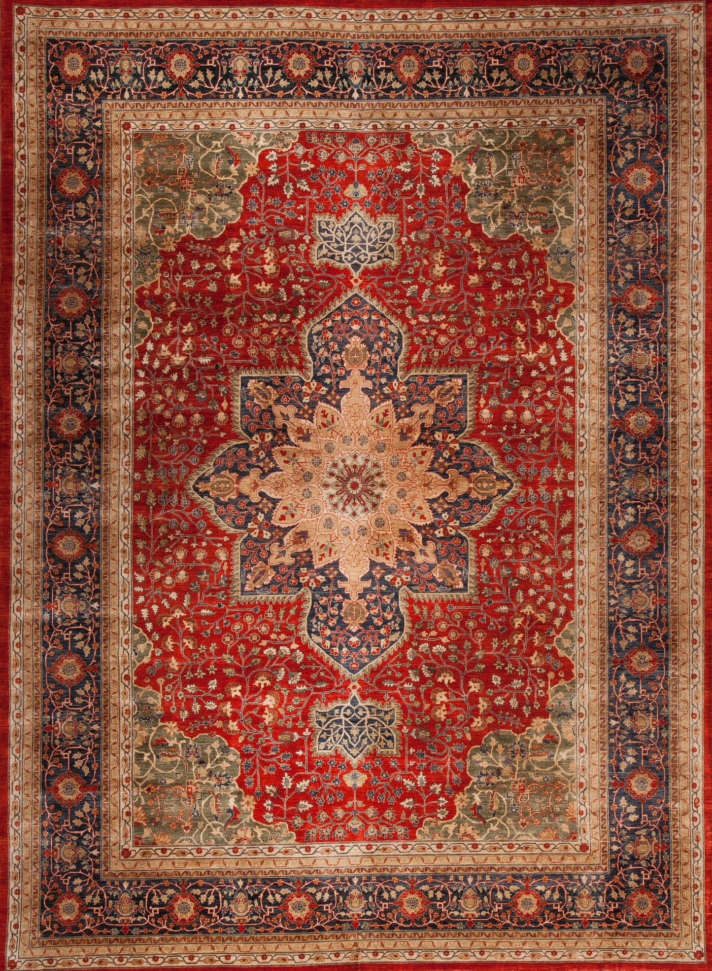 This classic rug comes directly from the Monarch collection and it's one of a kind. It was woven within the intensity of red, burgundy tones, and yellow. This first-class carpet has a bright red background and a large mandala on top.