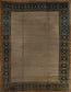 Antique rug with a dominant color beige in the center and a dark blue thick frame.