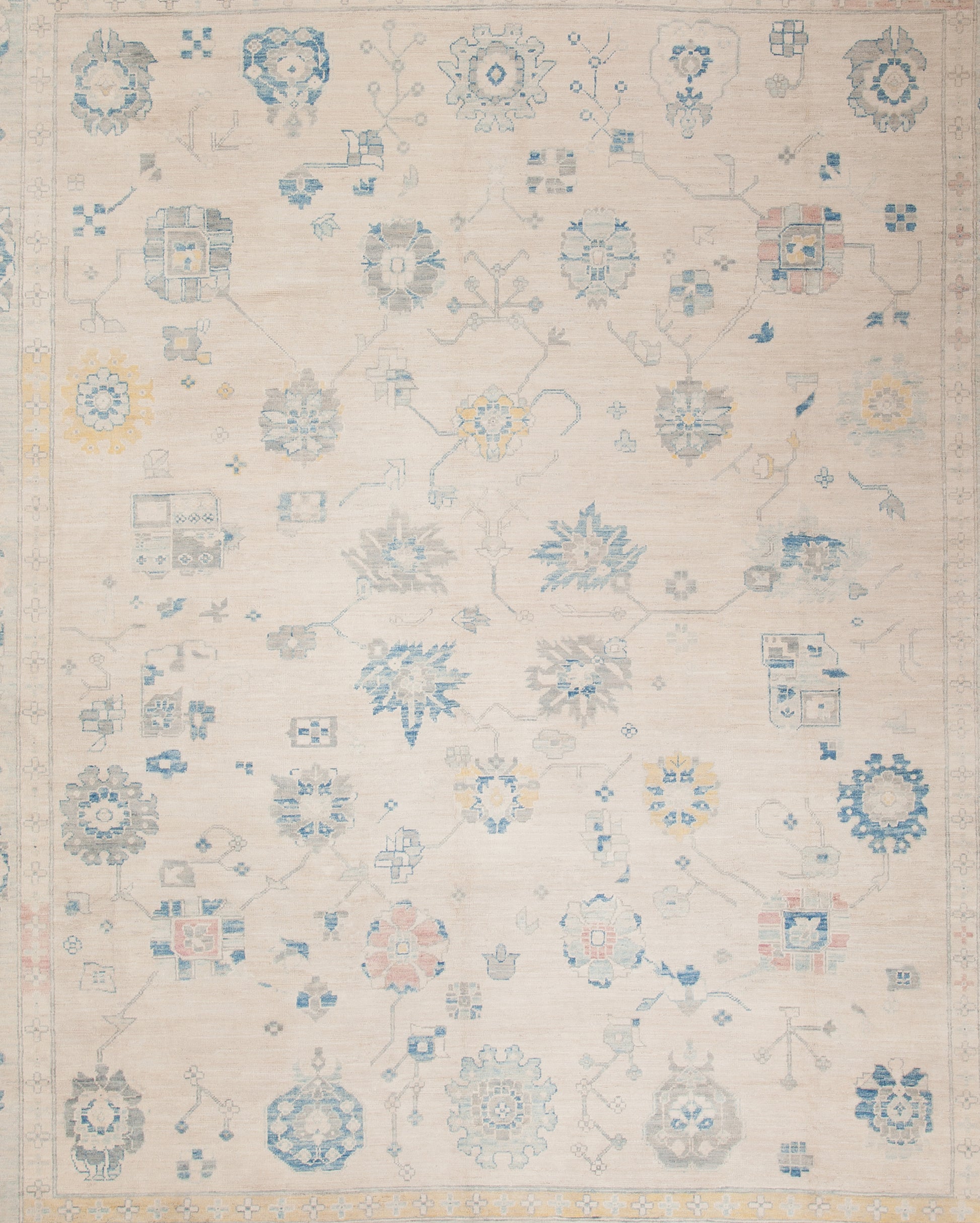 The center of this rug displays the flowers in blue and few of them in yellow.