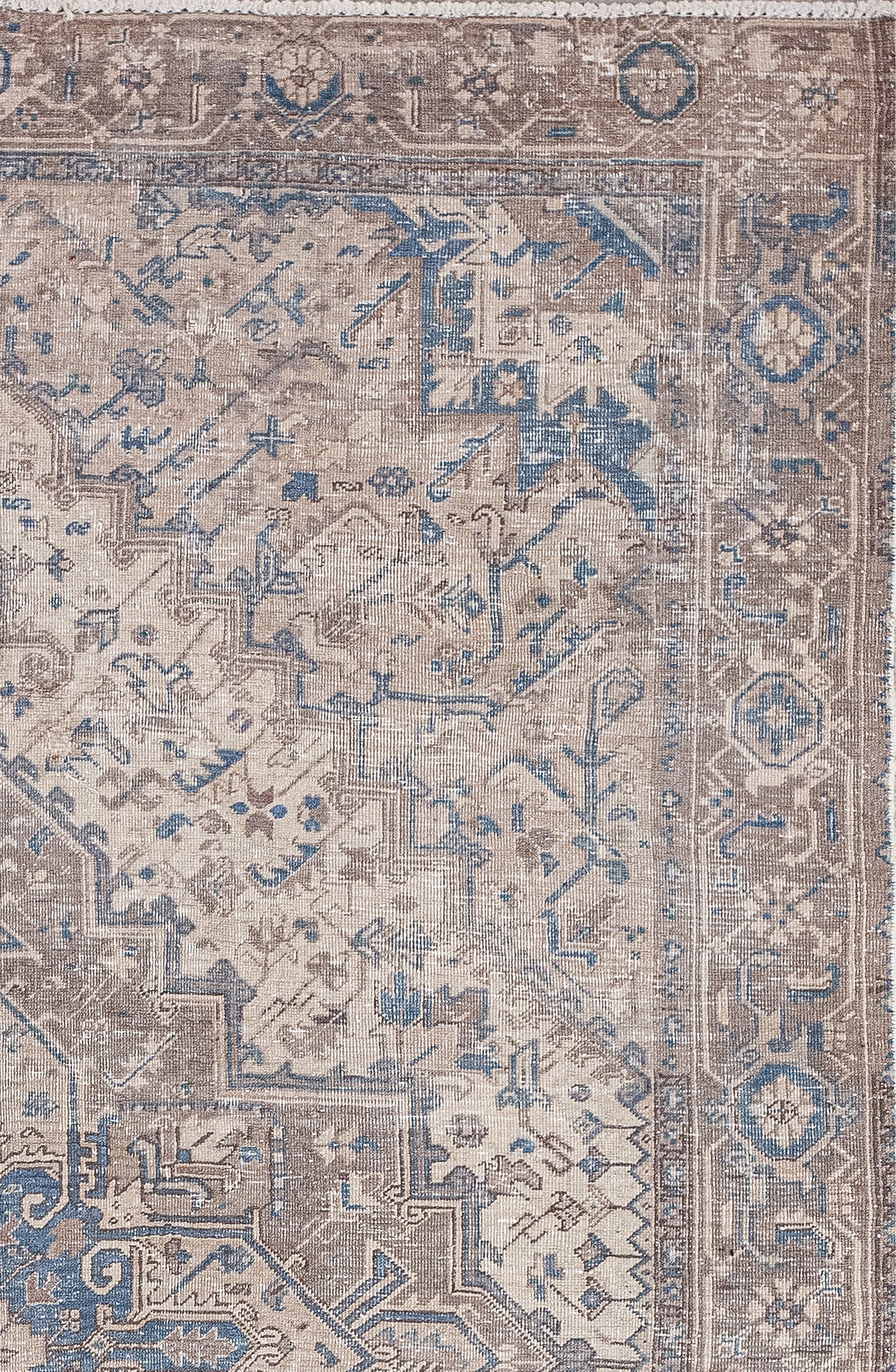 The entire perimeter comes in a brown background with a beige pattern and blue details. Also, the pattern shows hexagons, petals and flower heads, and everything is connected with lines and ornaments around it.