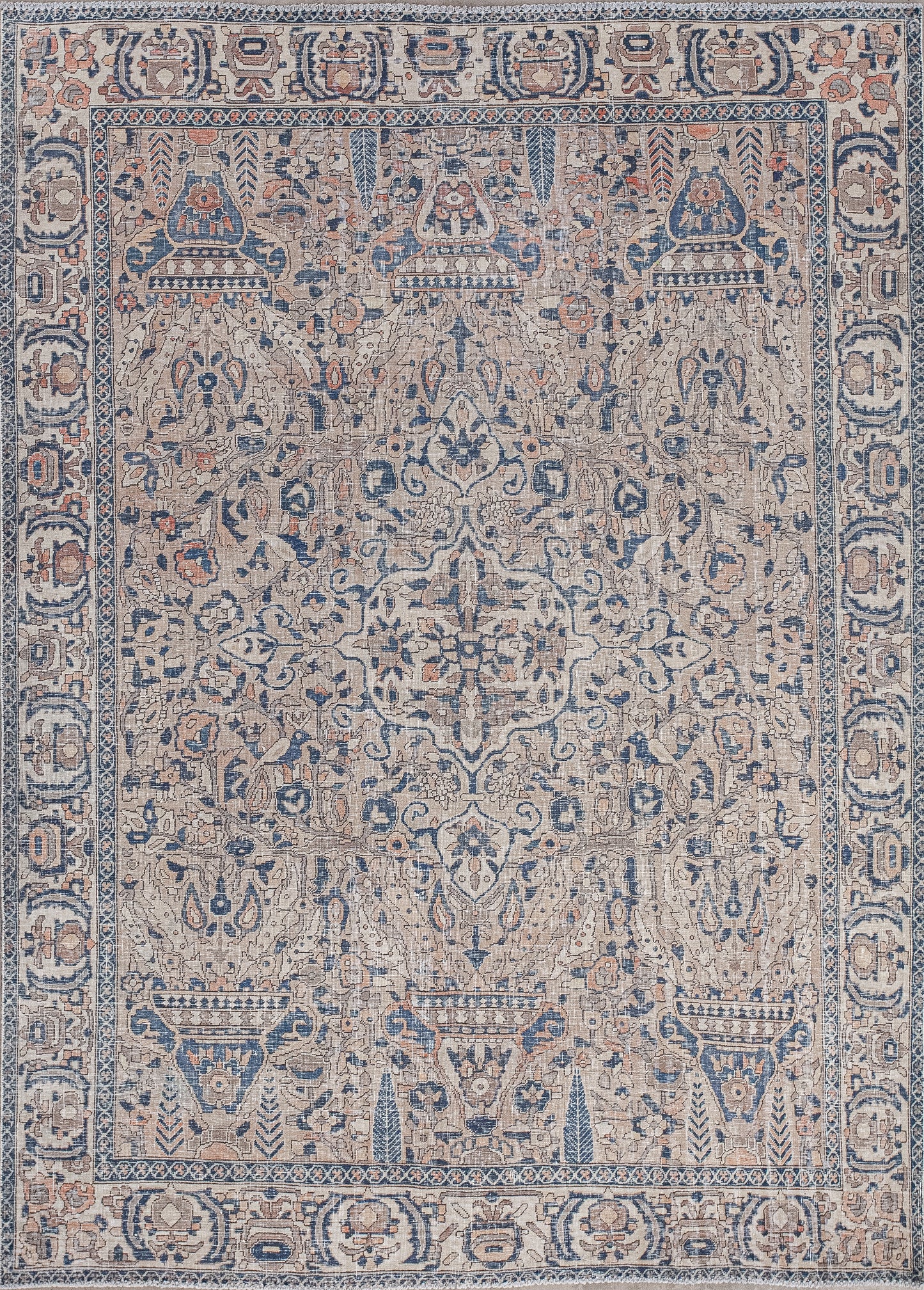 This stunning rug comes with a creative representation of flower pots. The friendly color scheme has variations of brown, blue to create contrast, and orange accents.