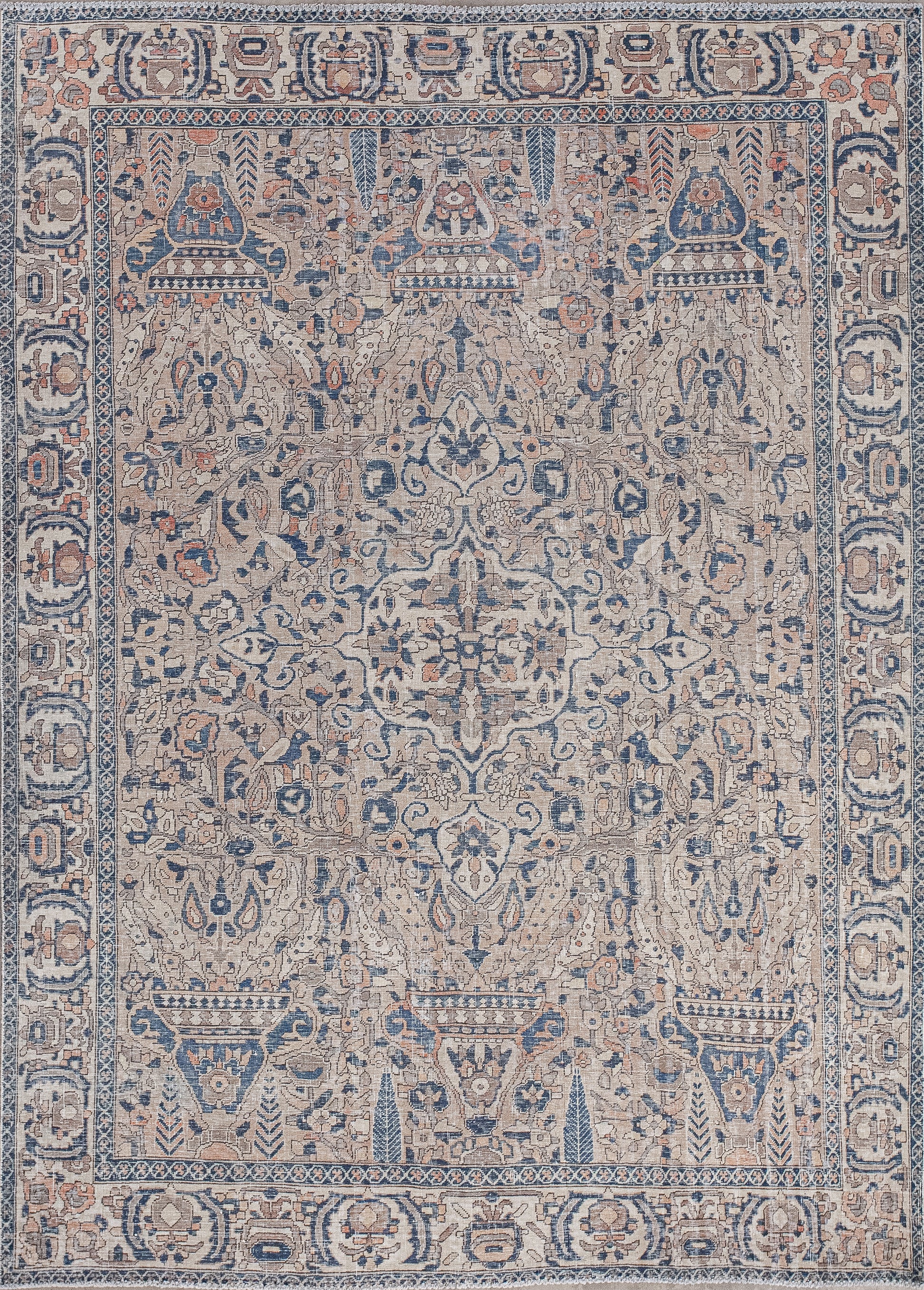This stunning rug comes with a creative representation of flower pots. The friendly color scheme has variations of brown, blue to create contrast, and orange accents.