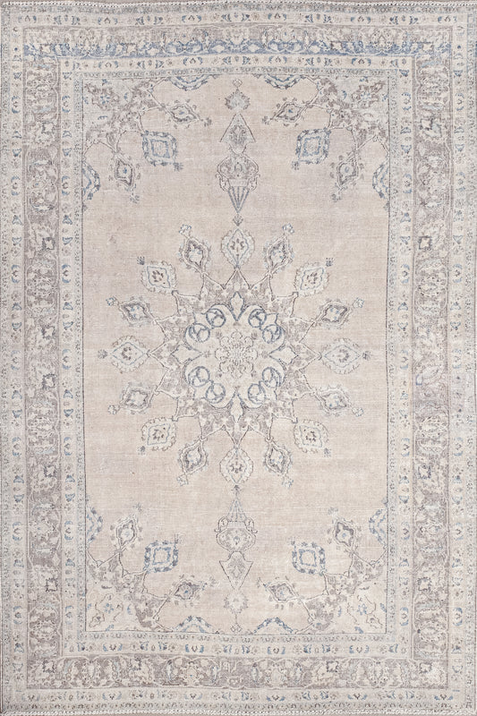 This decorative rug comes with an elegant and luxurious design. The color scheme has beige for the background, brown for the thickest frame and accents along with blue for the pattern. 