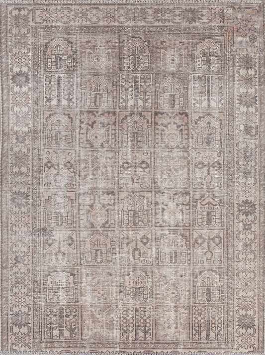 This informative carpet was woven to transmit beliefs, or customs from one generation to another. The simple color scheme has variations of brown only. 