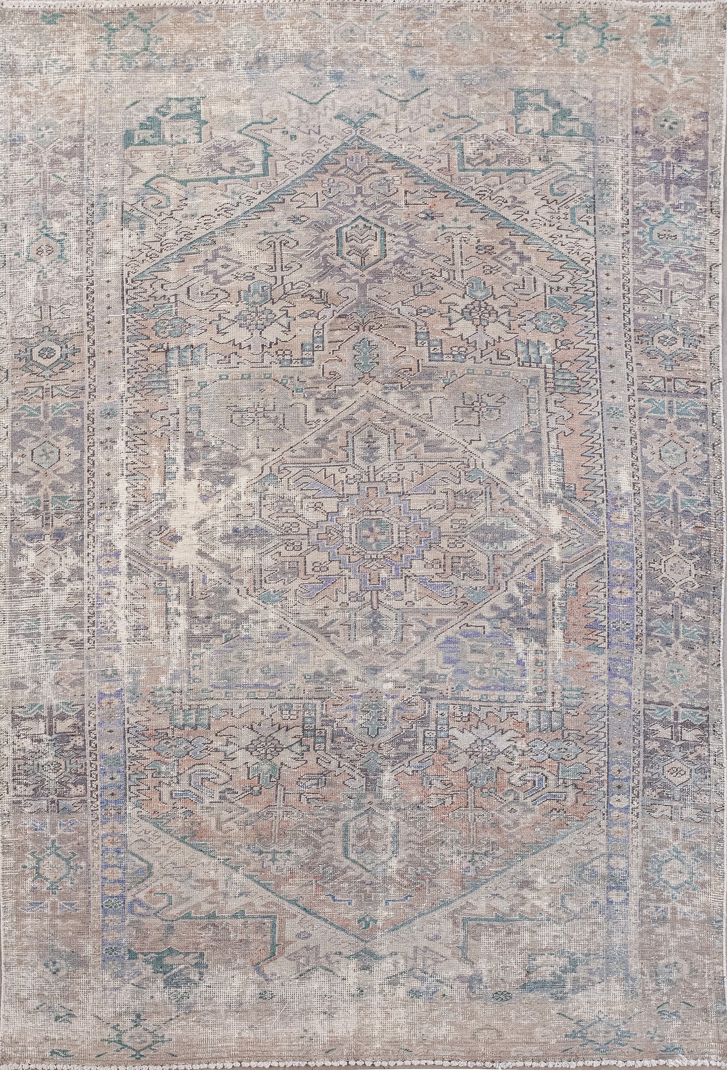 This astonishing pyramidal carpet was woven to project a mural. The color scheme has varying shades of brown, black outline, and green, purple, and blue accents.