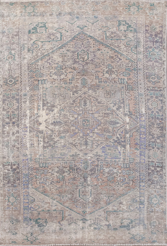 This astonishing pyramidal carpet was woven to project a mural. The color scheme has varying shades of brown, black outline, and green, purple, and blue accents.