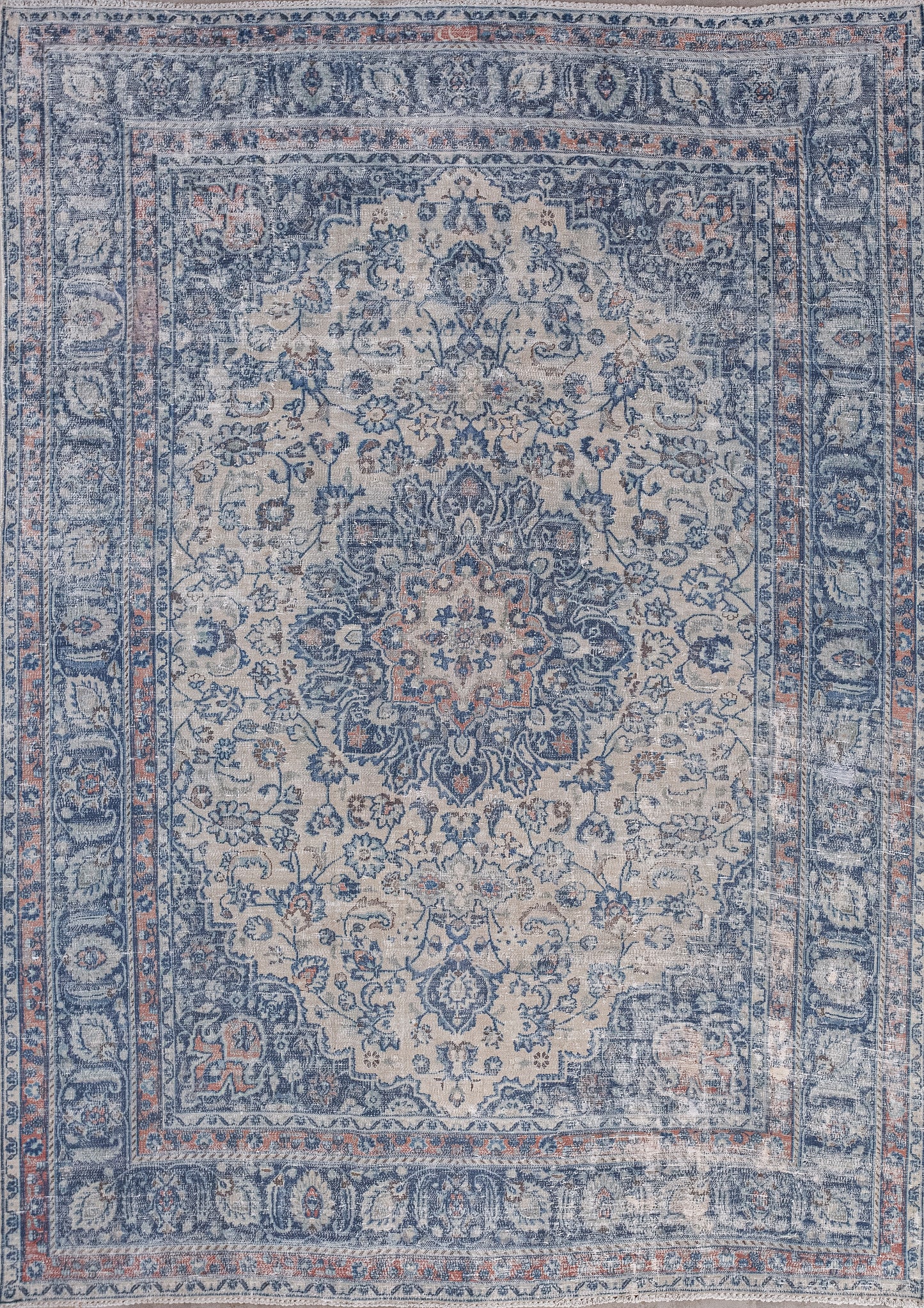 Astonishingly rug was woven to denote authority, trust, and confidence. The color scheme of tan for the background, amber accents, and royal blue for the pattern create a striking palette. 