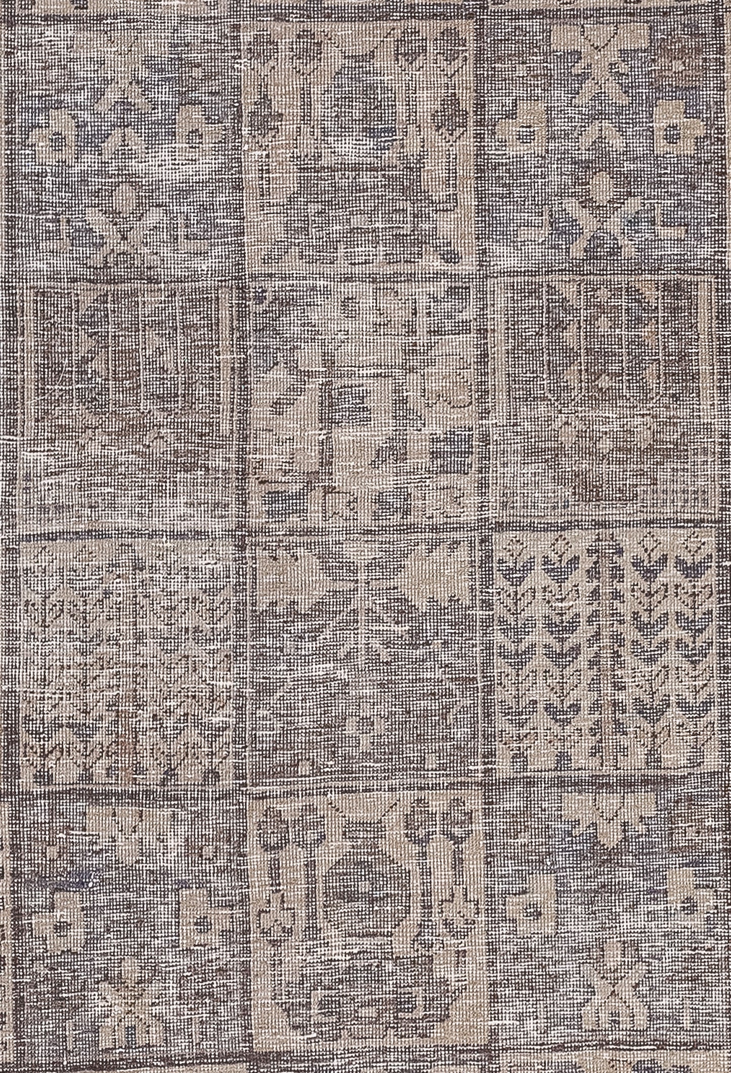 The woven interior of the rug features a grid of 5 x 8 squares with a total of 40 squares, each with an alternate design. Finally, the artwork for the squares are wheat plants, cotton flower heads, arrows, and other abstractions of nature.