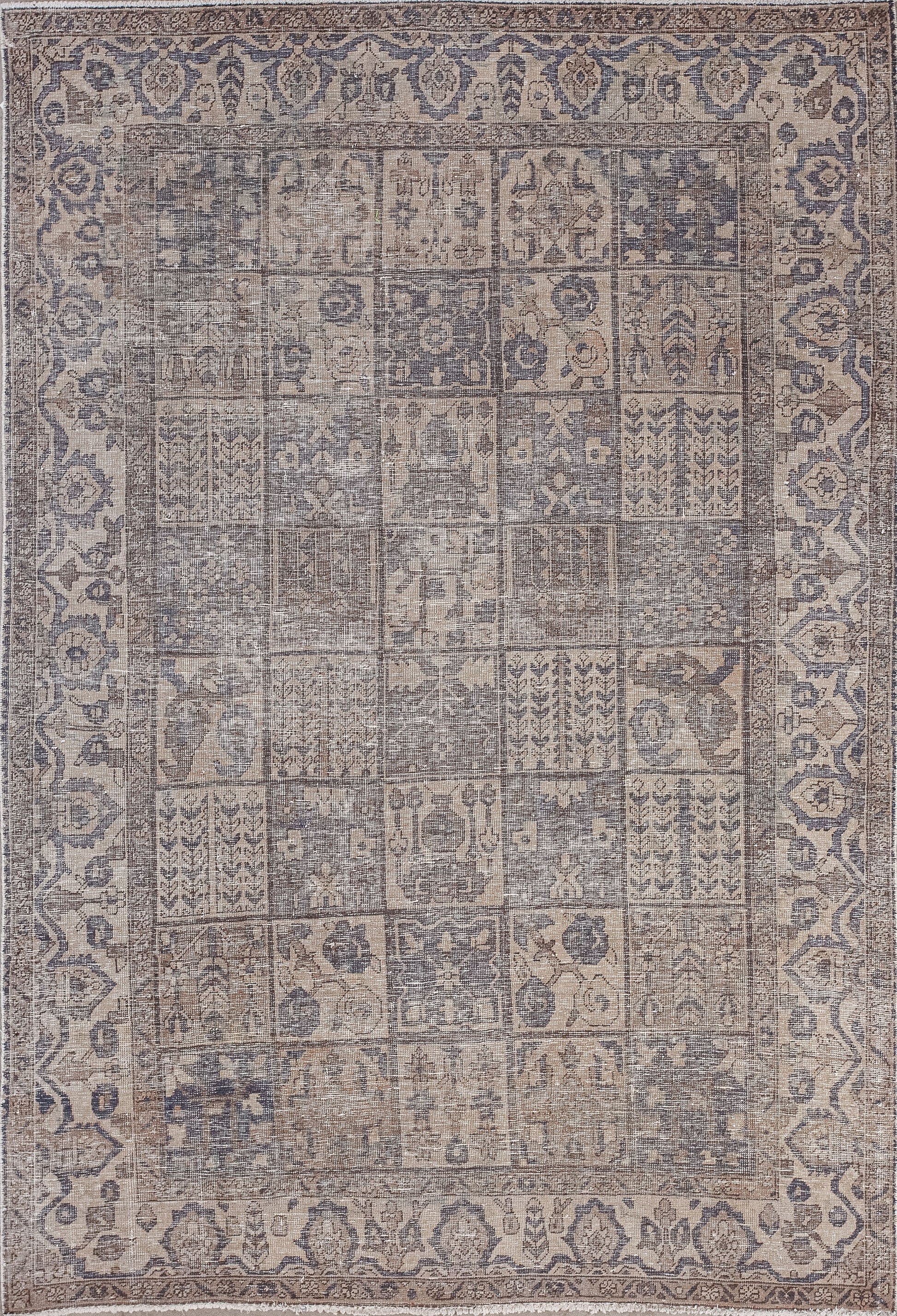 Vintage rug comes with a story within its threads. The dim color scheme has khaki background, blue and brown pattern.