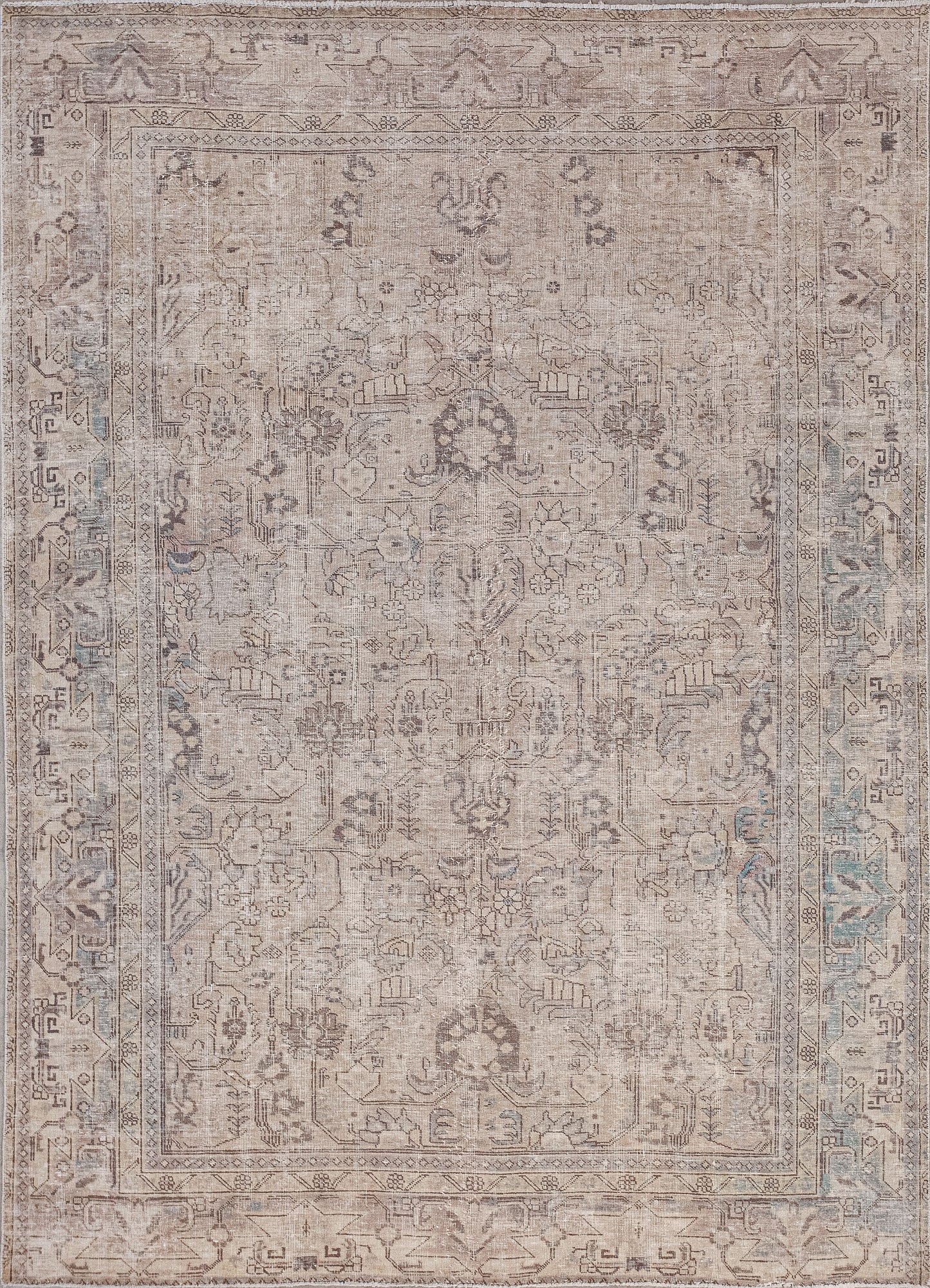 The vintage rug comes from our circa collection, famous for its worn style. The color scheme comes with a muted brown for the background, blue and beige highlights, and black outlines.