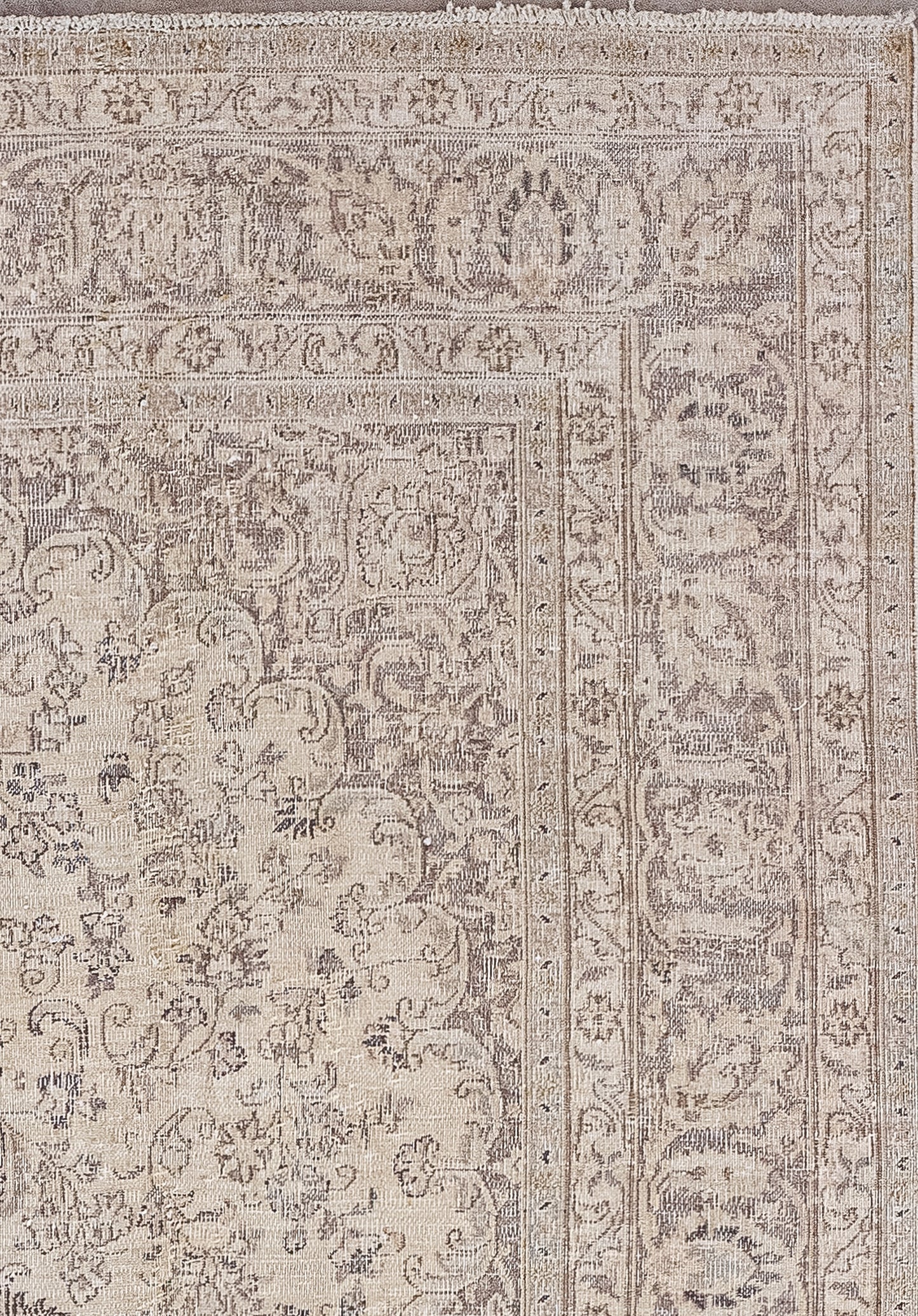 In the upper right corner, the pattern within the borders are small flowering climbing plants, while the thick frame shows paisley floral prints.