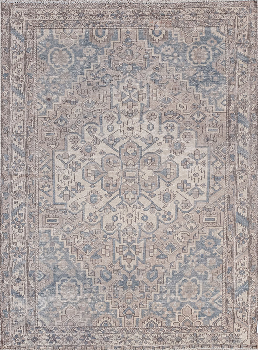This pyramidal rug was woven with ancient symbols and tribal energy. The old-fashioned color scheme has beige, brown, and blue-gray. 