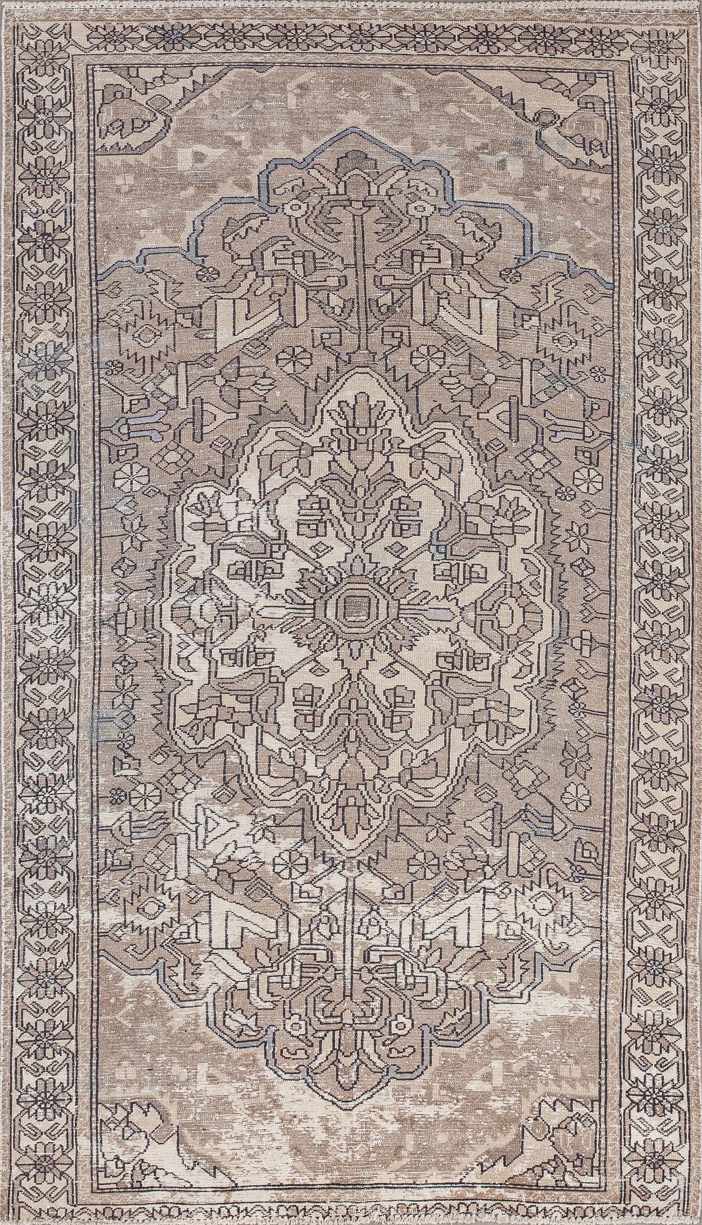 This practical rug comes with a sharp design. The color palette has brown for the background, beige for the pattern, and gray highlights. 