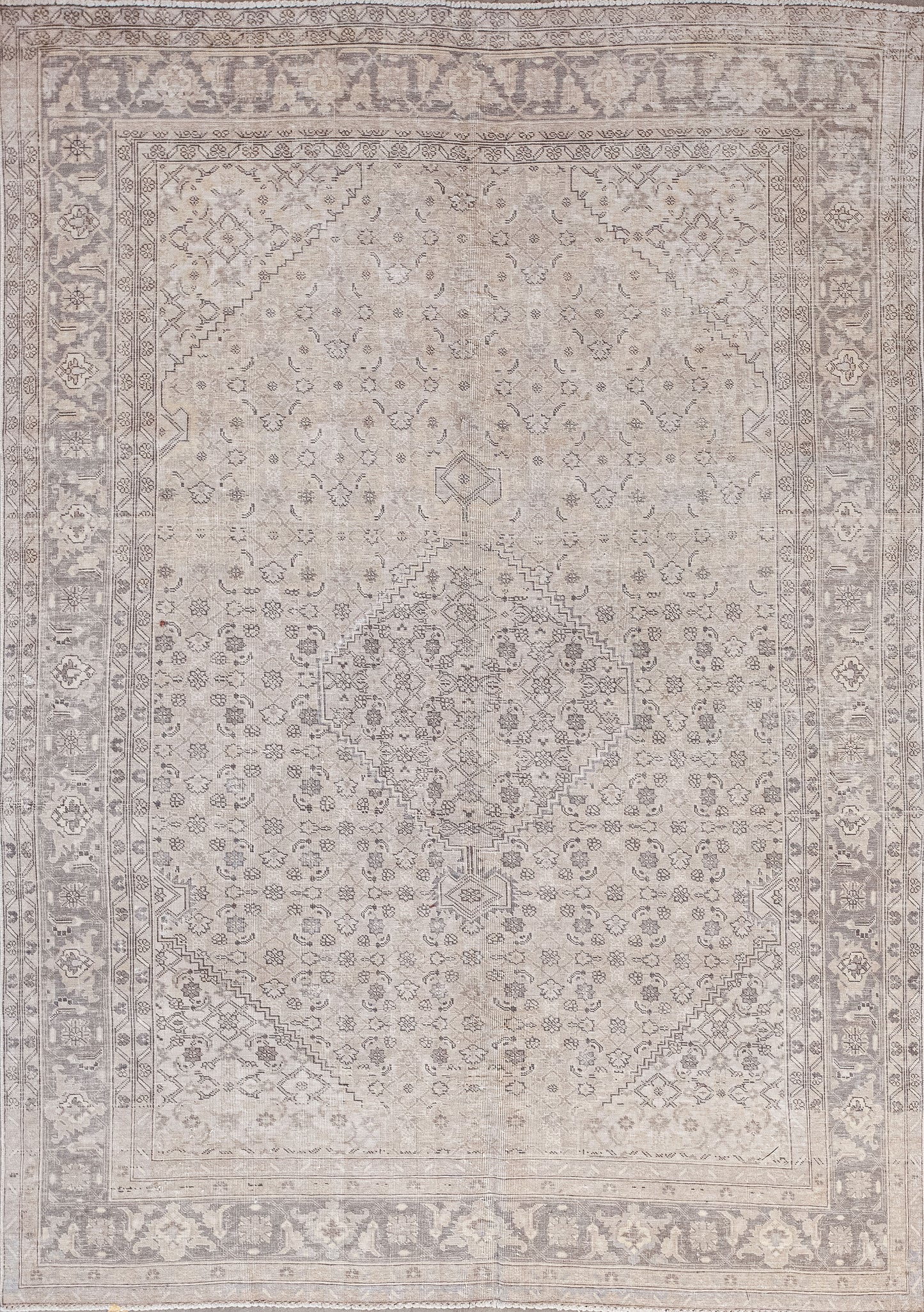 Awe-inspiring carpet comes in different shades of beige such as; antique white, and champagne tone. This rug was woven with simple symmetrical patterns.