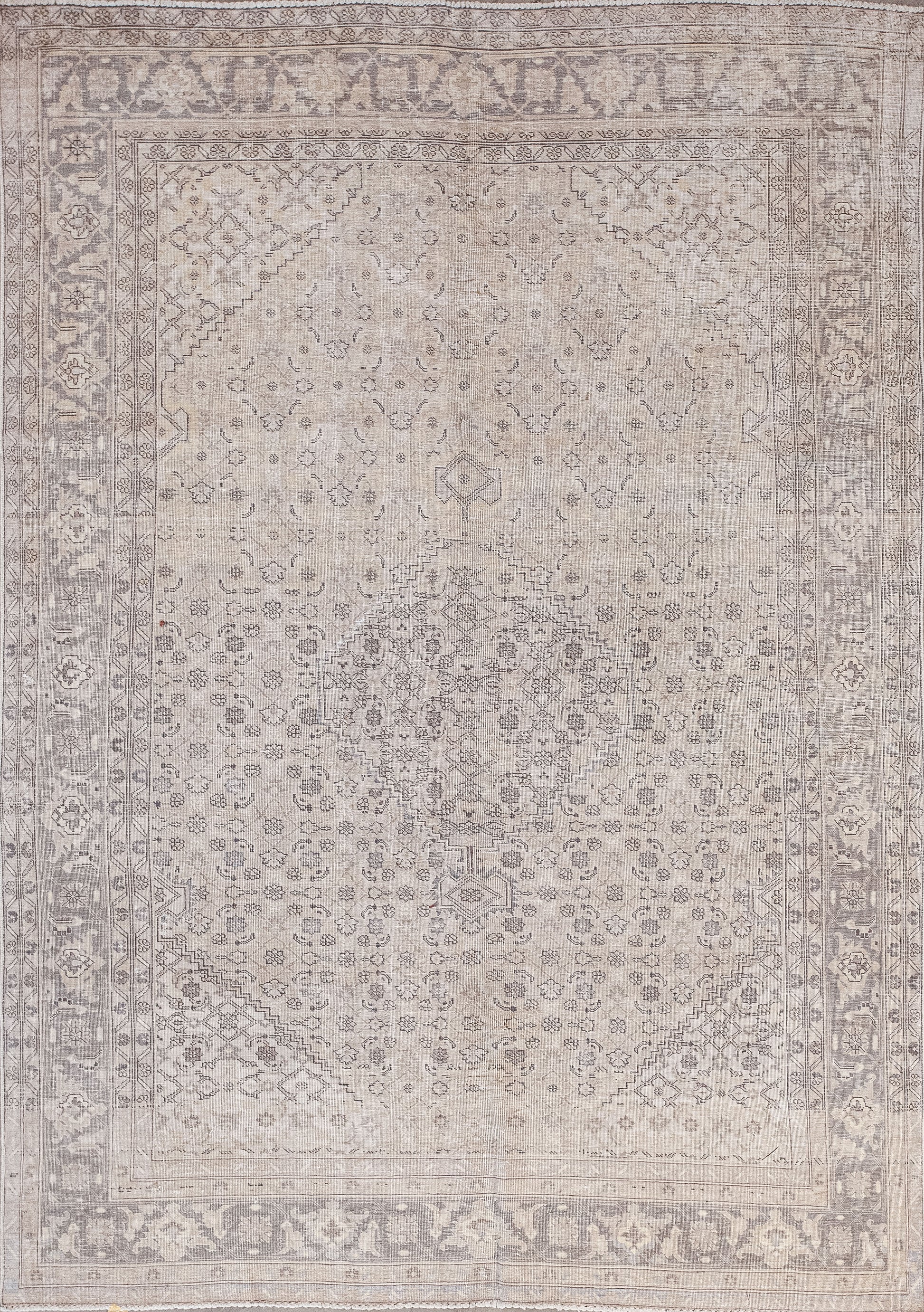 Awe-inspiring carpet comes in different shades of beige such as; antique white, and champagne tone. This rug was woven with simple symmetrical patterns.