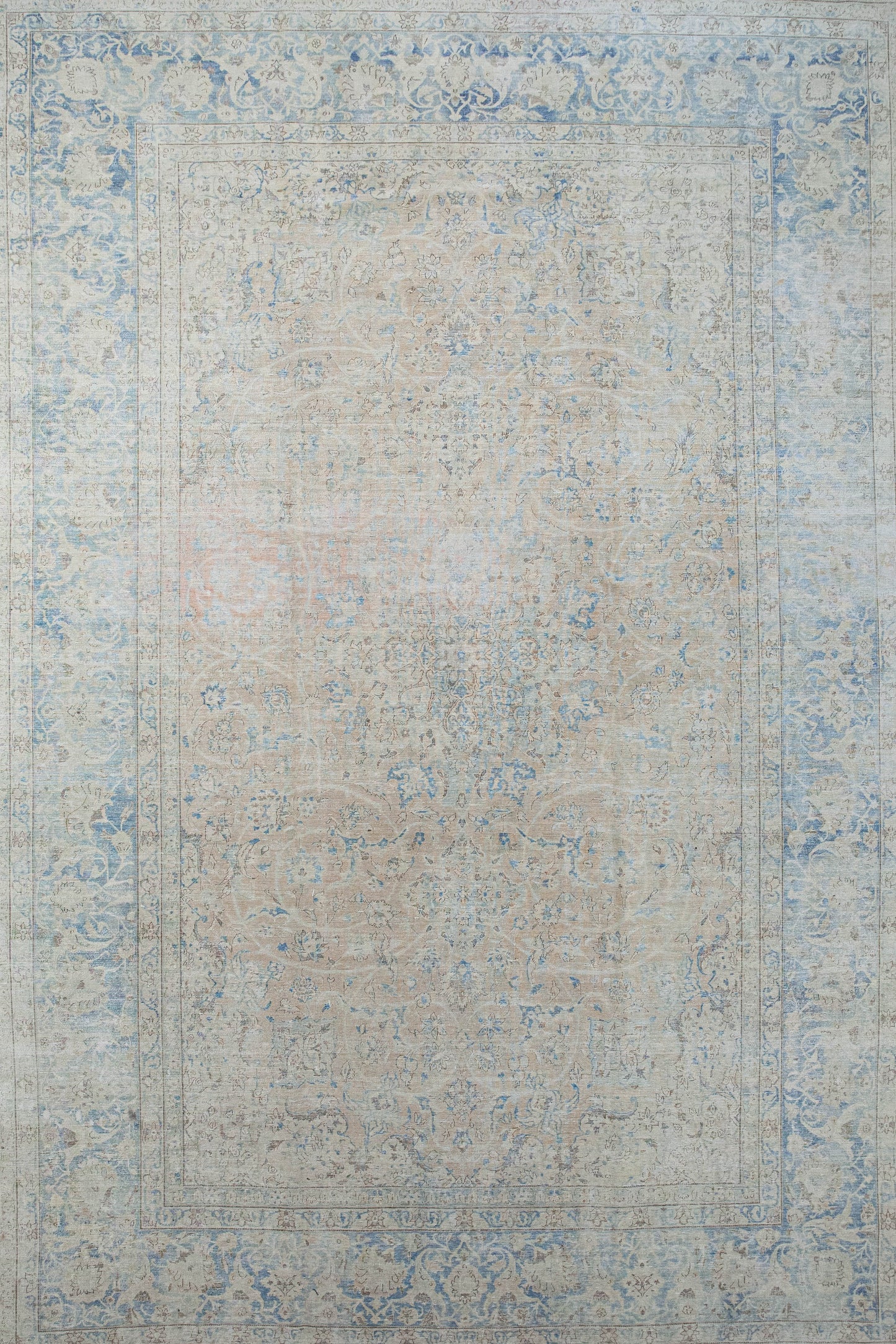 Vintage rug with a distressed finish and a climbing plant pattern with a light royal blue frame.