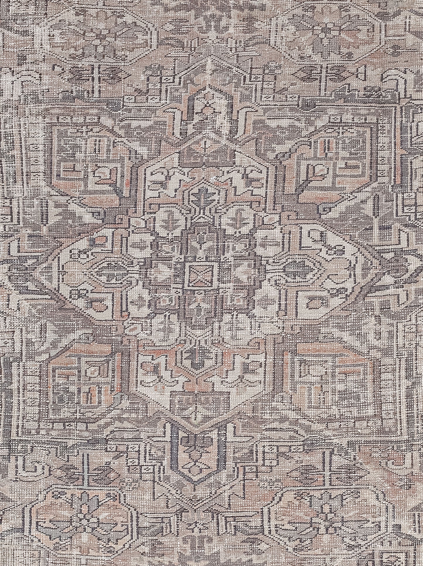 The foreground of the rug tells a story represented with crosses, squares, pyramids, all arranged symmetrically. 