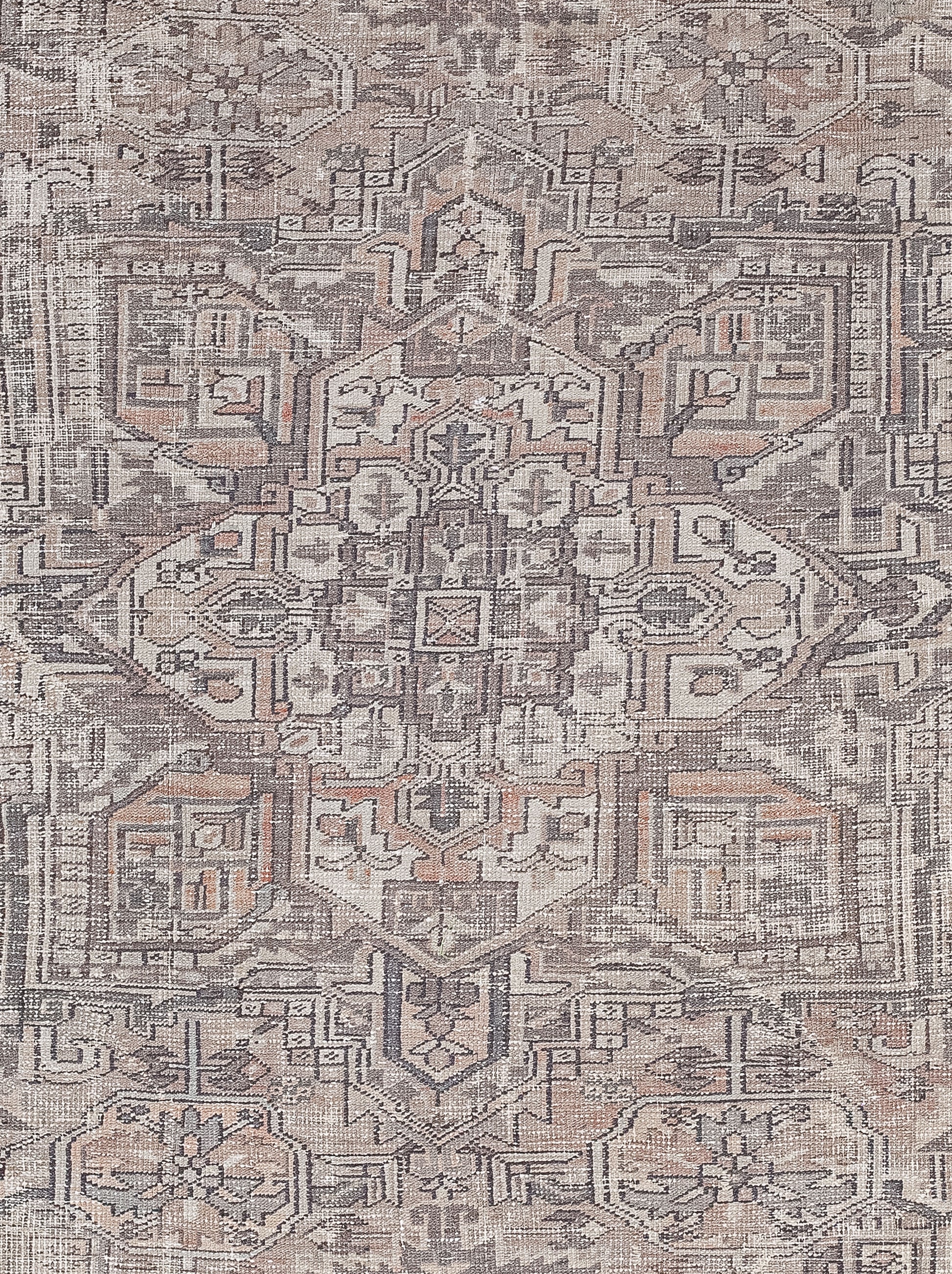 The foreground of the rug tells a story represented with crosses, squares, pyramids, all arranged symmetrically. 