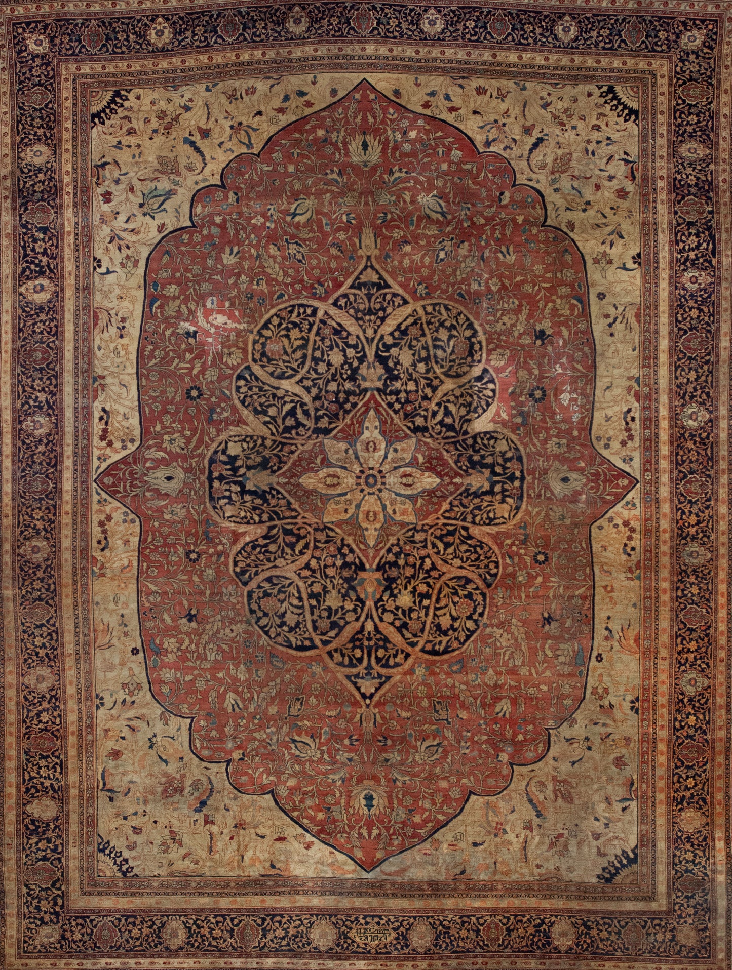 This antiquity rug is rich in small details with a bright color palette with yellow, blue, and brown.