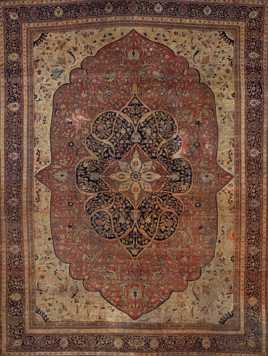 This antiquity rug is rich in small details with a bright color palette with yellow, blue, and brown.