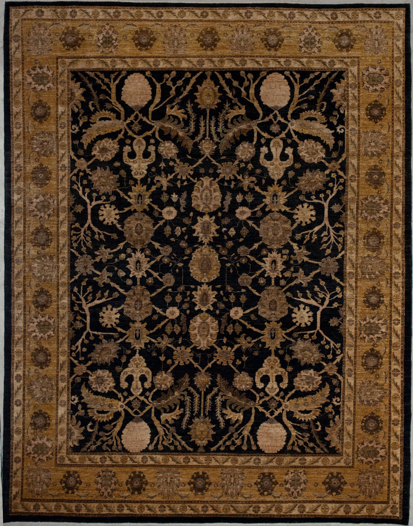 Marvelous carpet was woven with the classic style. The high-contrast color scheme comes with variations of yellow for the frames, and black for the thin borders and the central background.